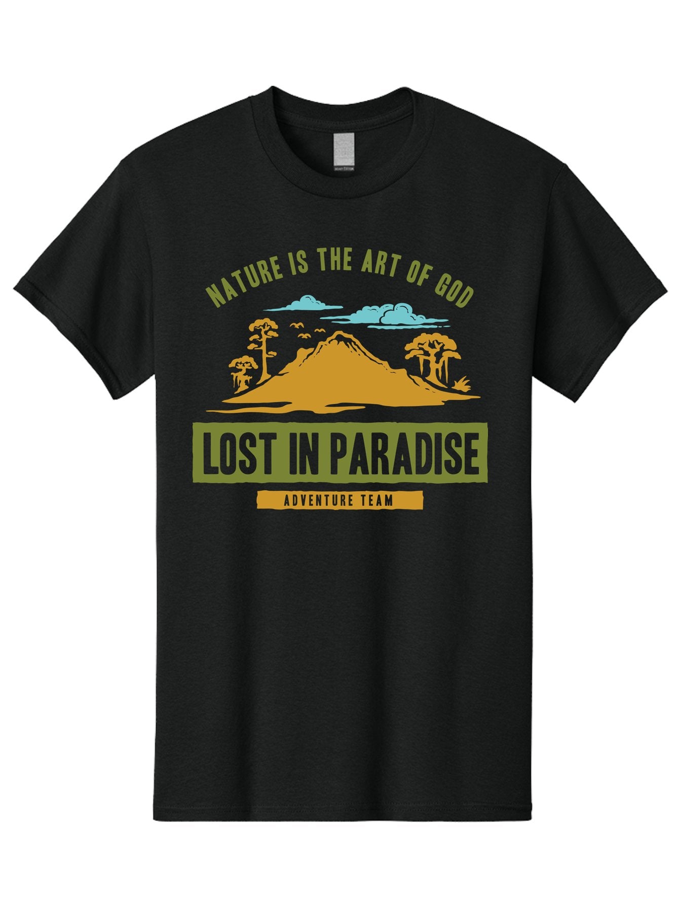 Lost In Paradise Men'S Graphic Tee, 100% Cotton, Comfortable Casual Summer Wear, Machine Washable, Nature-Inspired Design, Paradise Scenery, Mountain Landscape, Adventure Theme, Inspirational Quotes, Outdoor Enthusiasts, Travel Team, Aae462 12