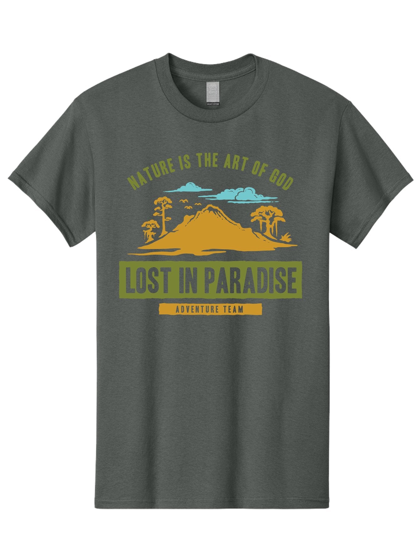 Lost In Paradise Men'S Graphic Tee, 100% Cotton, Comfortable Casual Summer Wear, Machine Washable, Nature-Inspired Design, Paradise Scenery, Mountain Landscape, Adventure Theme, Inspirational Quotes, Outdoor Enthusiasts, Travel Team, Aae462 5