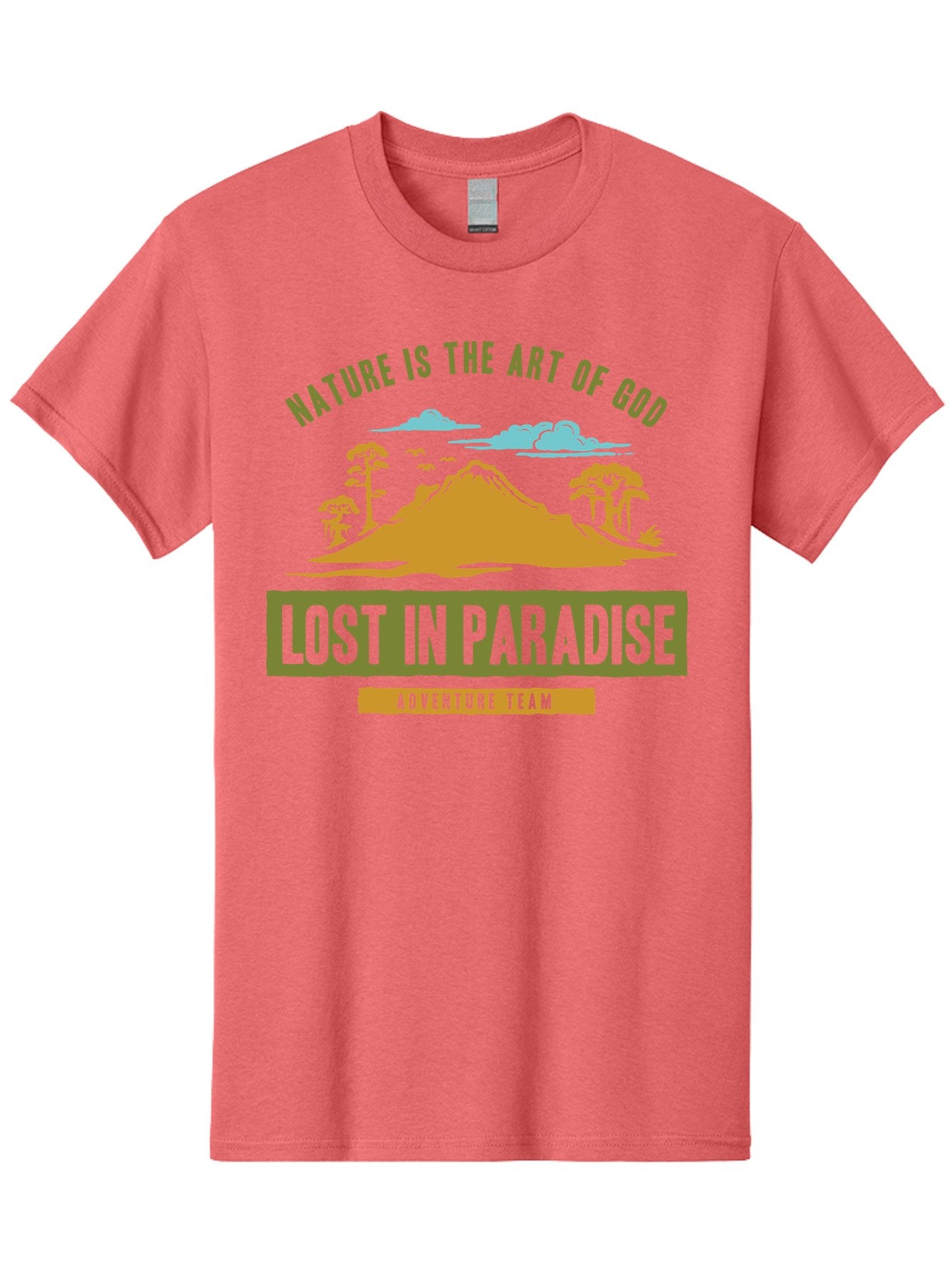 Lost In Paradise Men'S Graphic Tee, 100% Cotton, Comfortable Casual Summer Wear, Machine Washable, Nature-Inspired Design, Paradise Scenery, Mountain Landscape, Adventure Theme, Inspirational Quotes, Outdoor Enthusiasts, Travel Team, Aae462 13