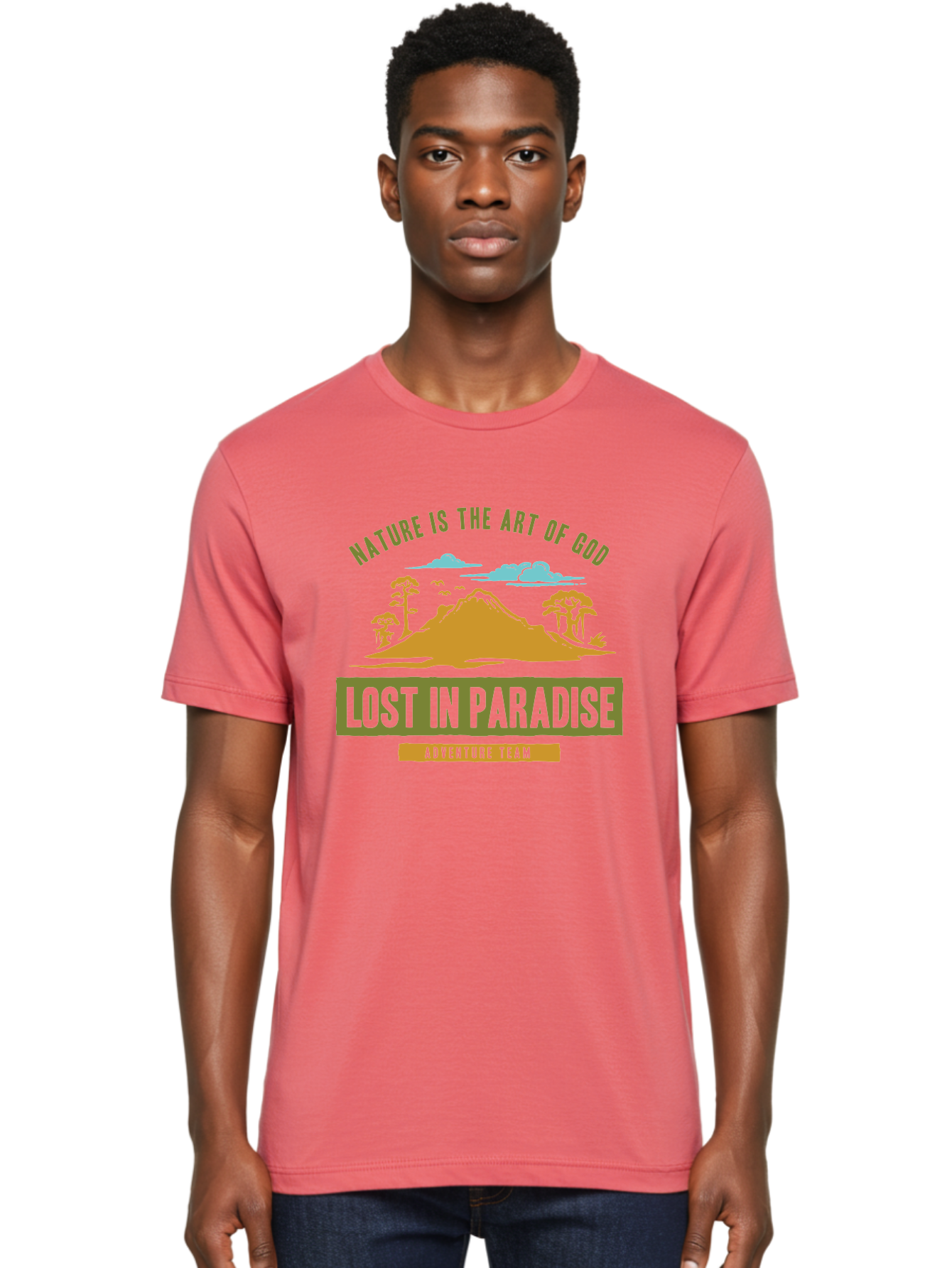 Lost In Paradise Men'S Graphic Tee, 100% Cotton, Comfortable Casual Summer Wear, Machine Washable, Nature-Inspired Design, Paradise Scenery, Mountain Landscape, Adventure Theme, Inspirational Quotes, Outdoor Enthusiasts, Travel Team, Aae462 20