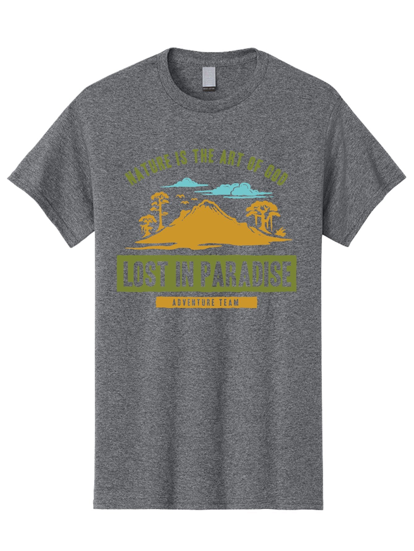 Lost In Paradise Men'S Graphic Tee, 100% Cotton, Comfortable Casual Summer Wear, Machine Washable, Nature-Inspired Design, Paradise Scenery, Mountain Landscape, Adventure Theme, Inspirational Quotes, Outdoor Enthusiasts, Travel Team, Aae462 7
