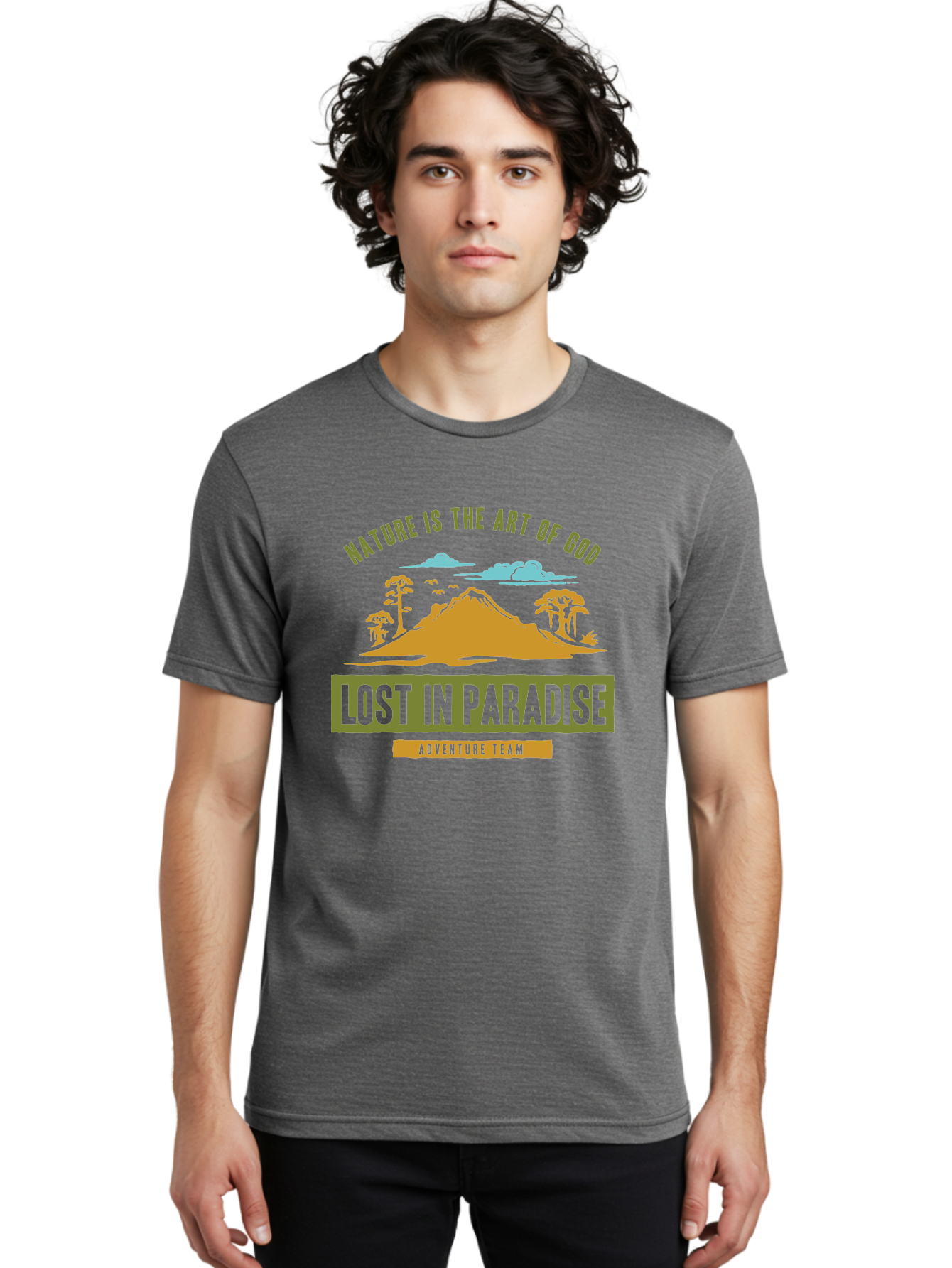Lost In Paradise Men'S Graphic Tee, 100% Cotton, Comfortable Casual Summer Wear, Machine Washable, Nature-Inspired Design, Paradise Scenery, Mountain Landscape, Adventure Theme, Inspirational Quotes, Outdoor Enthusiasts, Travel Team, Aae462 18