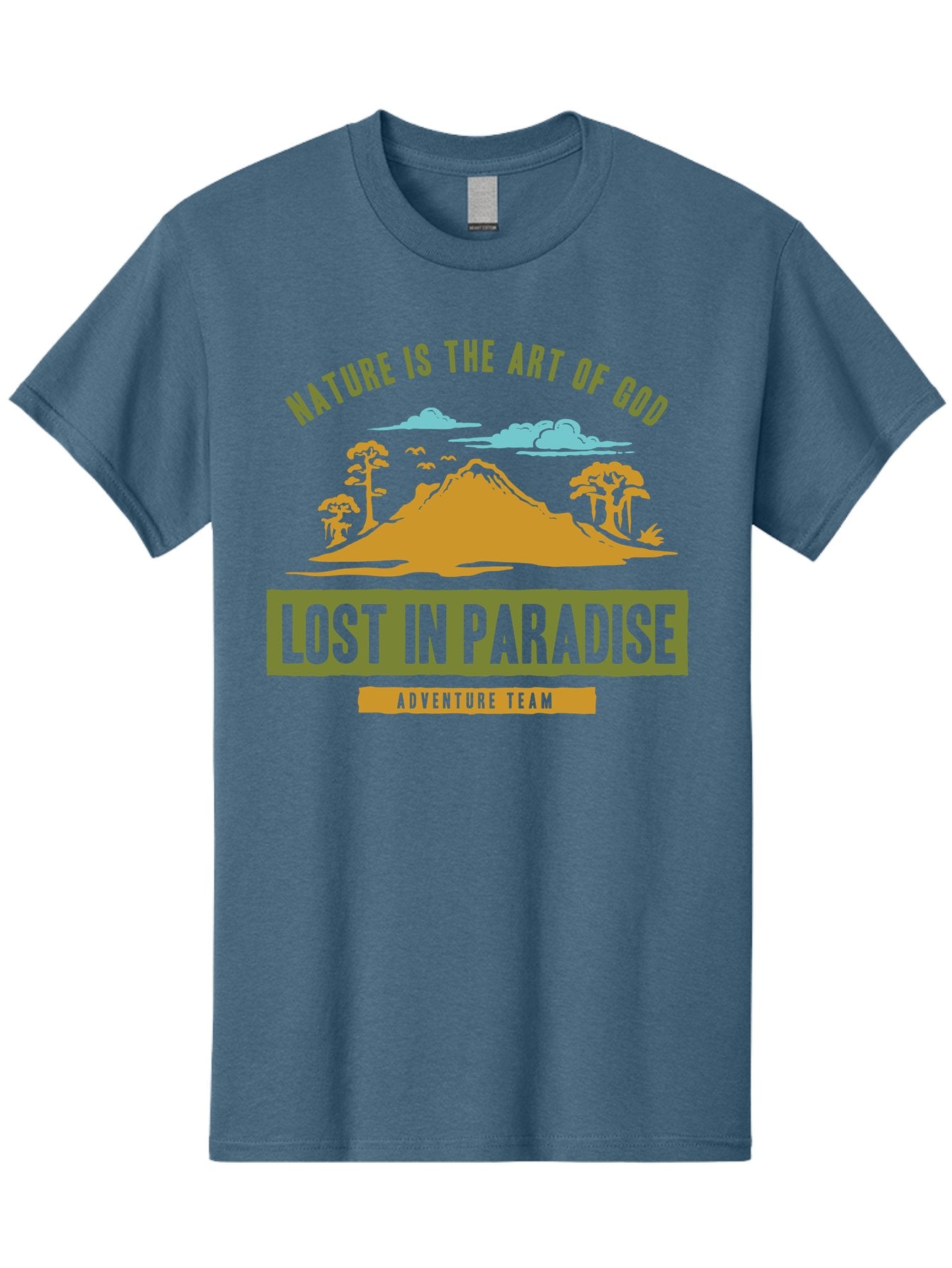 Lost In Paradise Men'S Graphic Tee, 100% Cotton, Comfortable Casual Summer Wear, Machine Washable, Nature-Inspired Design, Paradise Scenery, Mountain Landscape, Adventure Theme, Inspirational Quotes, Outdoor Enthusiasts, Travel Team, Aae462 4