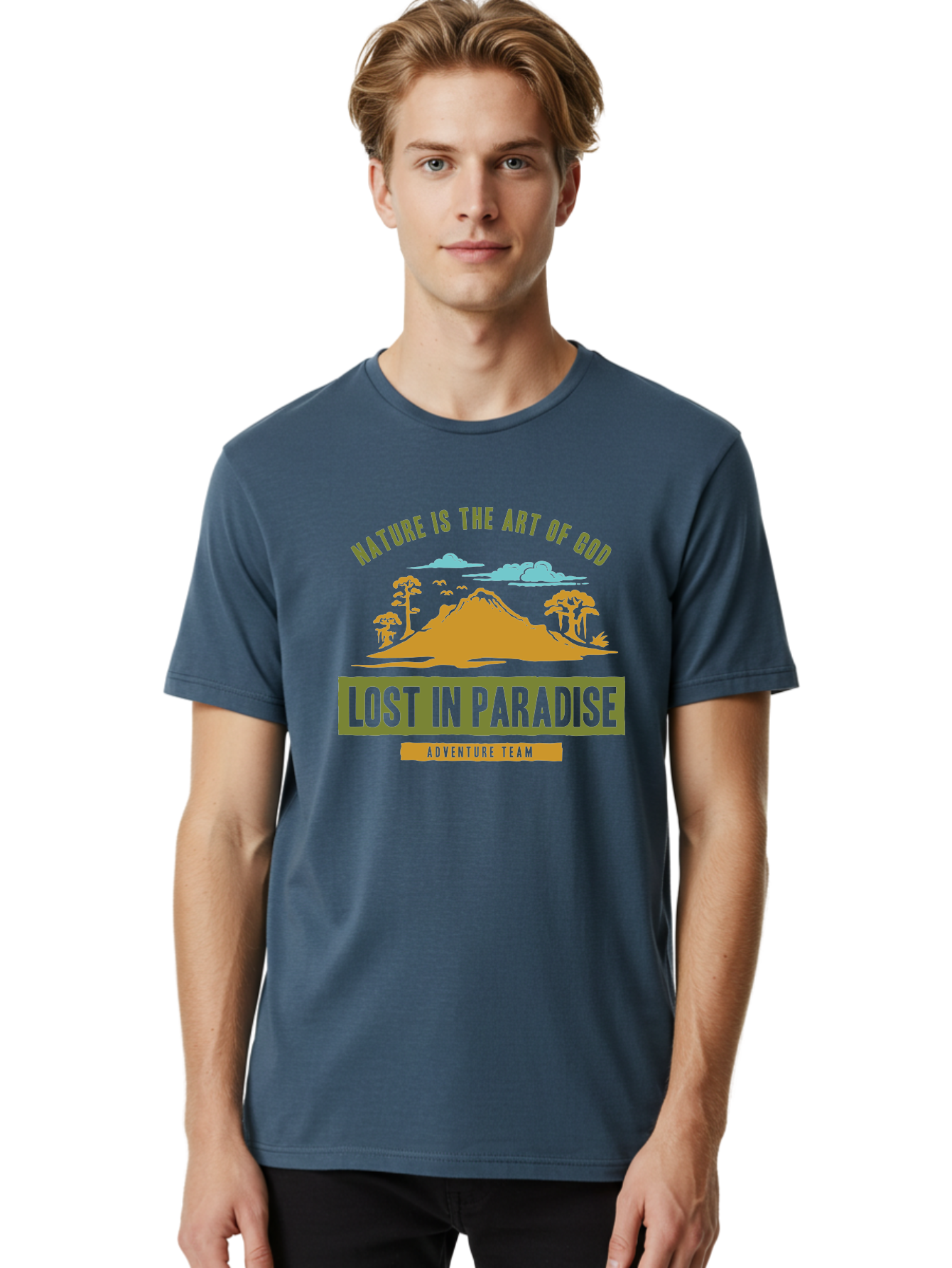 Lost In Paradise Men'S Graphic Tee, 100% Cotton, Comfortable Casual Summer Wear, Machine Washable, Nature-Inspired Design, Paradise Scenery, Mountain Landscape, Adventure Theme, Inspirational Quotes, Outdoor Enthusiasts, Travel Team, Aae462 10