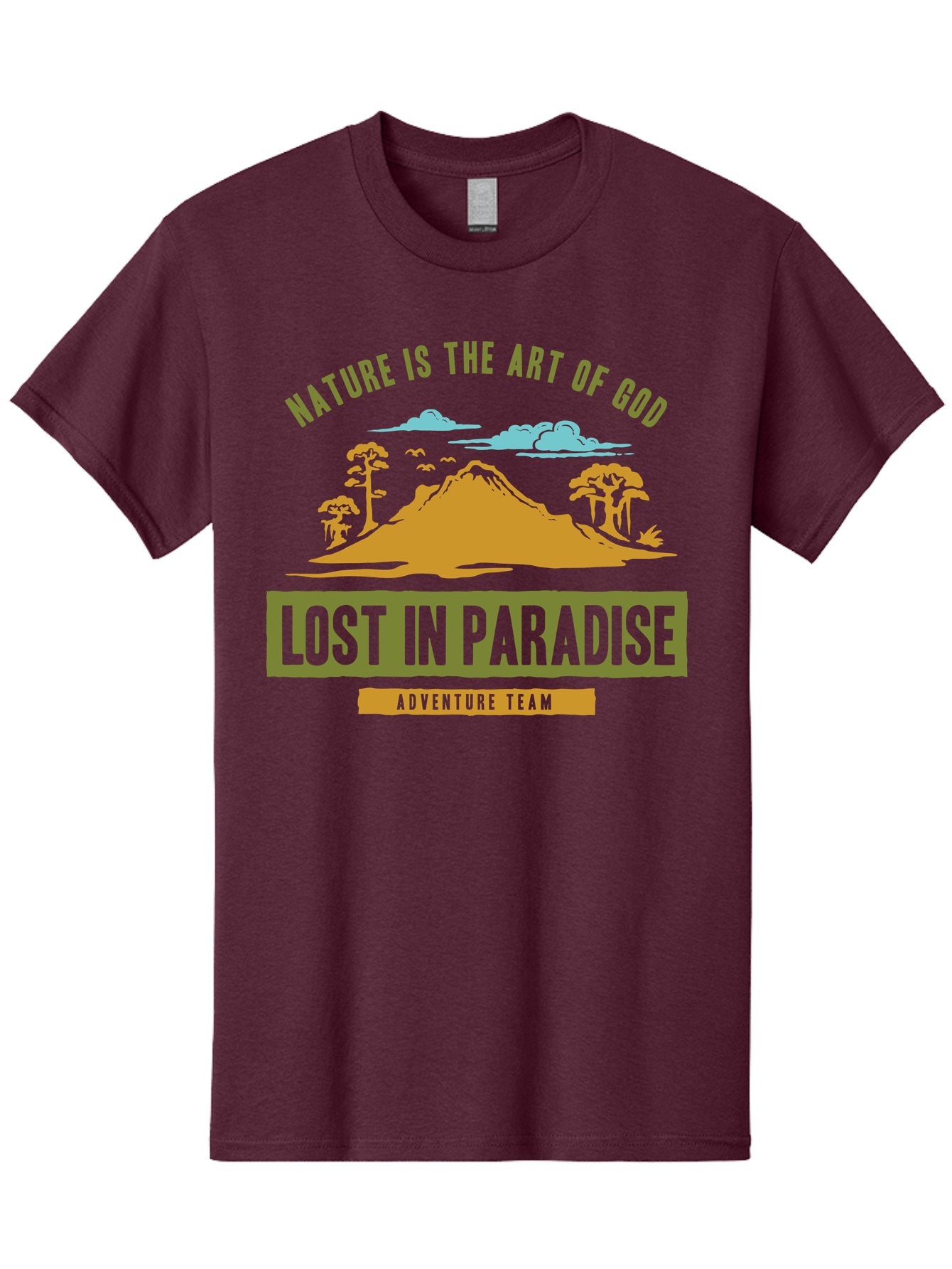Lost In Paradise Men'S Graphic Tee, 100% Cotton, Comfortable Casual Summer Wear, Machine Washable, Nature-Inspired Design, Paradise Scenery, Mountain Landscape, Adventure Theme, Inspirational Quotes, Outdoor Enthusiasts, Travel Team, Aae462