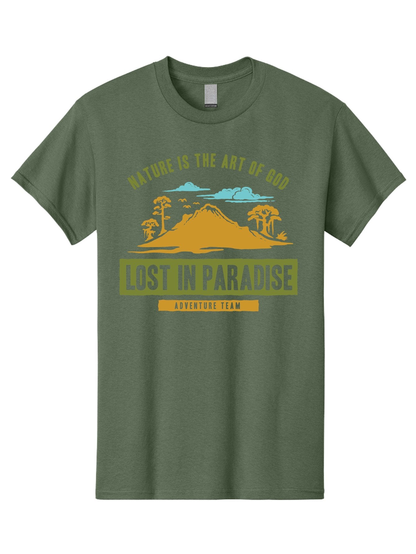 Lost In Paradise Men'S Graphic Tee, 100% Cotton, Comfortable Casual Summer Wear, Machine Washable, Nature-Inspired Design, Paradise Scenery, Mountain Landscape, Adventure Theme, Inspirational Quotes, Outdoor Enthusiasts, Travel Team, Aae462 6