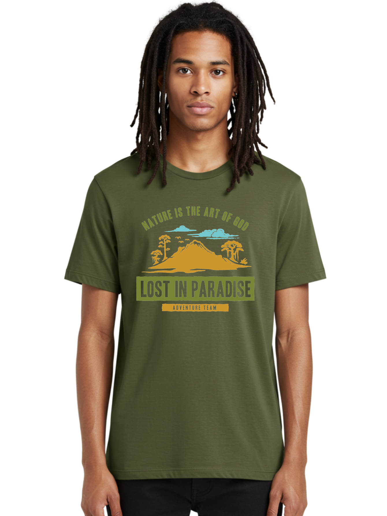 Lost In Paradise Men'S Graphic Tee, 100% Cotton, Comfortable Casual Summer Wear, Machine Washable, Nature-Inspired Design, Paradise Scenery, Mountain Landscape, Adventure Theme, Inspirational Quotes, Outdoor Enthusiasts, Travel Team, Aae462 22