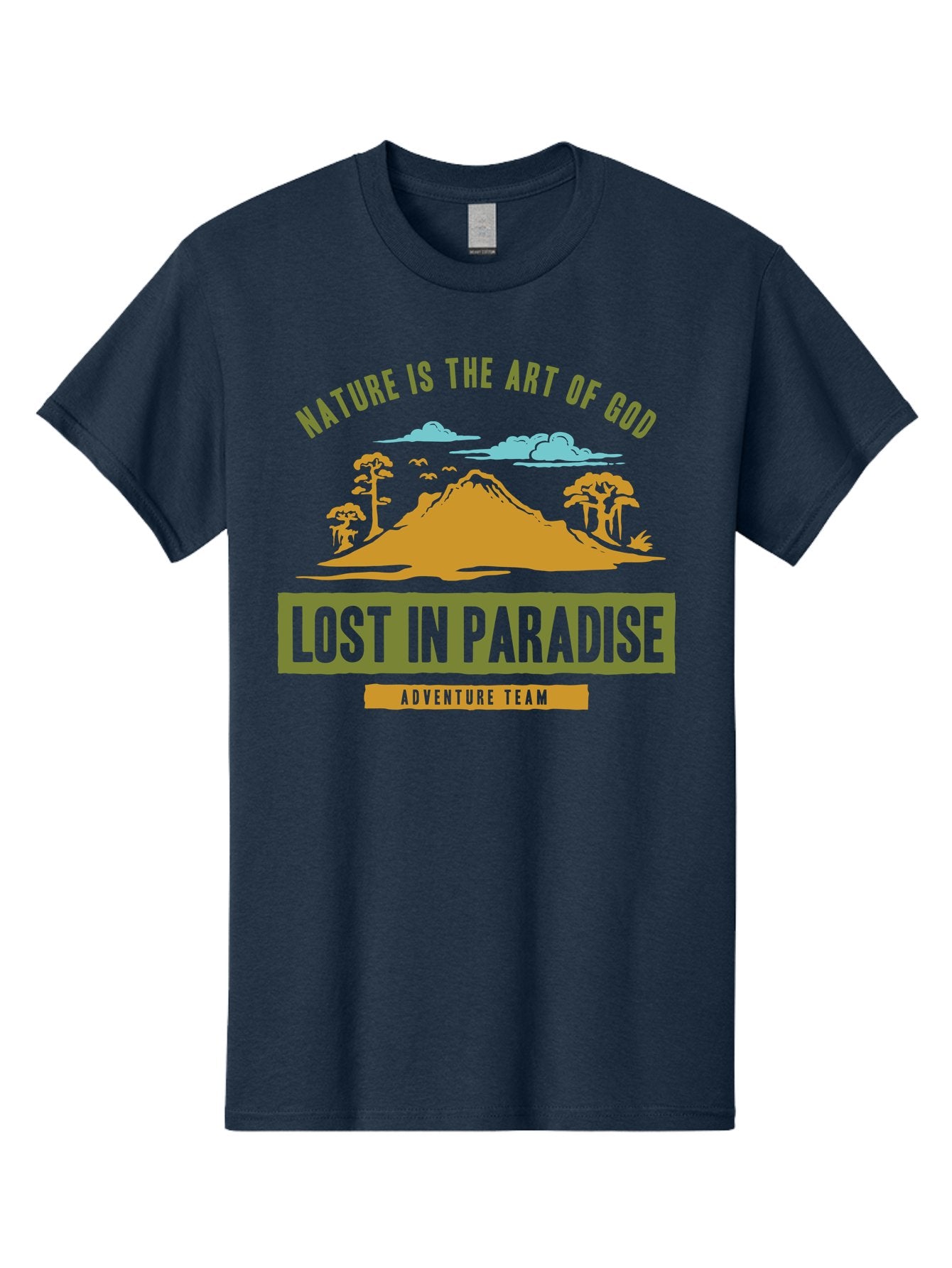 Lost In Paradise Men'S Graphic Tee, 100% Cotton, Comfortable Casual Summer Wear, Machine Washable, Nature-Inspired Design, Paradise Scenery, Mountain Landscape, Adventure Theme, Inspirational Quotes, Outdoor Enthusiasts, Travel Team, Aae462 11
