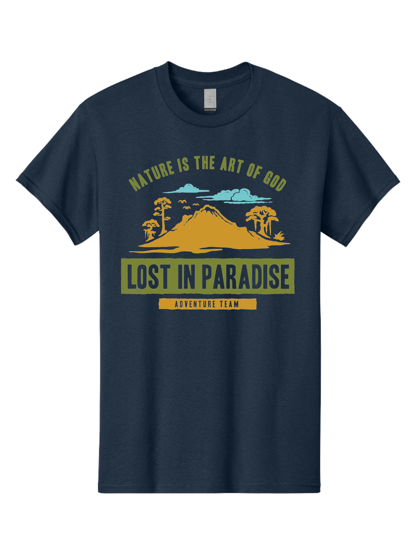 Lost In Paradise Men'S Graphic Tee, 100% Cotton, Comfortable Casual Summer Wear, Machine Washable, Nature-Inspired Design, Paradise Scenery, Mountain Landscape, Adventure Theme, Inspirational Quotes, Outdoor Enthusiasts, Travel Team, Aae462 3