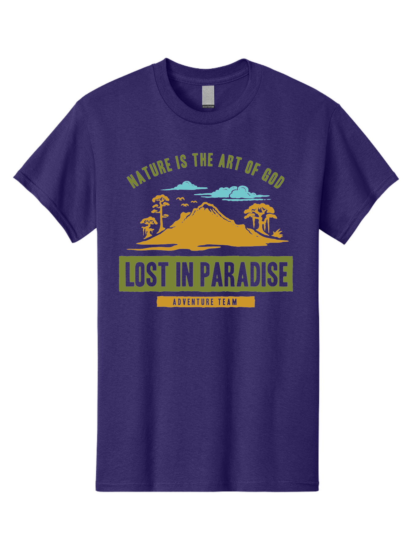 Lost In Paradise Men'S Graphic Tee, 100% Cotton, Comfortable Casual Summer Wear, Machine Washable, Nature-Inspired Design, Paradise Scenery, Mountain Landscape, Adventure Theme, Inspirational Quotes, Outdoor Enthusiasts, Travel Team, Aae462 27