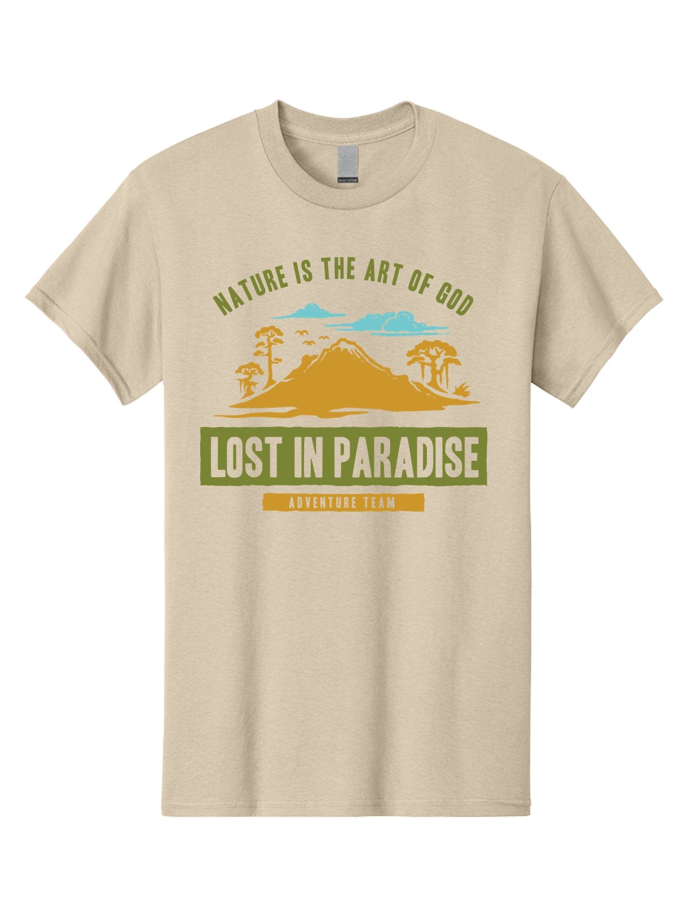 Lost In Paradise Men'S Graphic Tee, 100% Cotton, Comfortable Casual Summer Wear, Machine Washable, Nature-Inspired Design, Paradise Scenery, Mountain Landscape, Adventure Theme, Inspirational Quotes, Outdoor Enthusiasts, Travel Team, Aae462