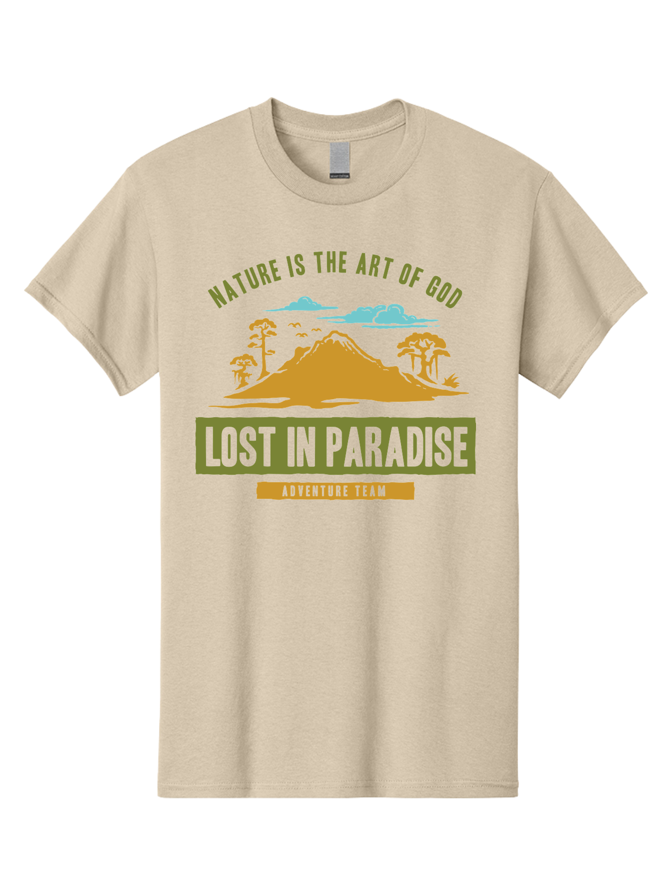 Lost In Paradise Men'S Graphic Tee, 100% Cotton, Comfortable Casual Summer Wear, Machine Washable, Nature-Inspired Design, Paradise Scenery, Mountain Landscape, Adventure Theme, Inspirational Quotes, Outdoor Enthusiasts, Travel Team, Aae462 25