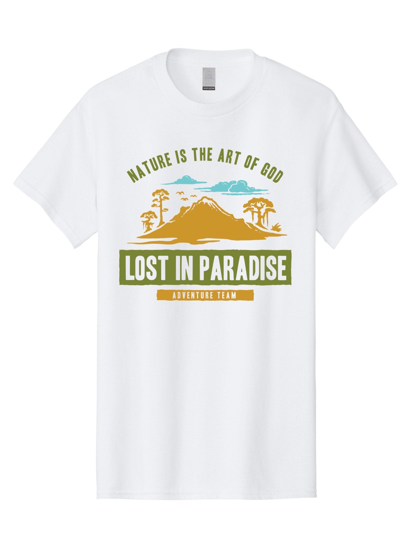 Lost In Paradise Men'S Graphic Tee, 100% Cotton, Comfortable Casual Summer Wear, Machine Washable, Nature-Inspired Design, Paradise Scenery, Mountain Landscape, Adventure Theme, Inspirational Quotes, Outdoor Enthusiasts, Travel Team, Aae462 3