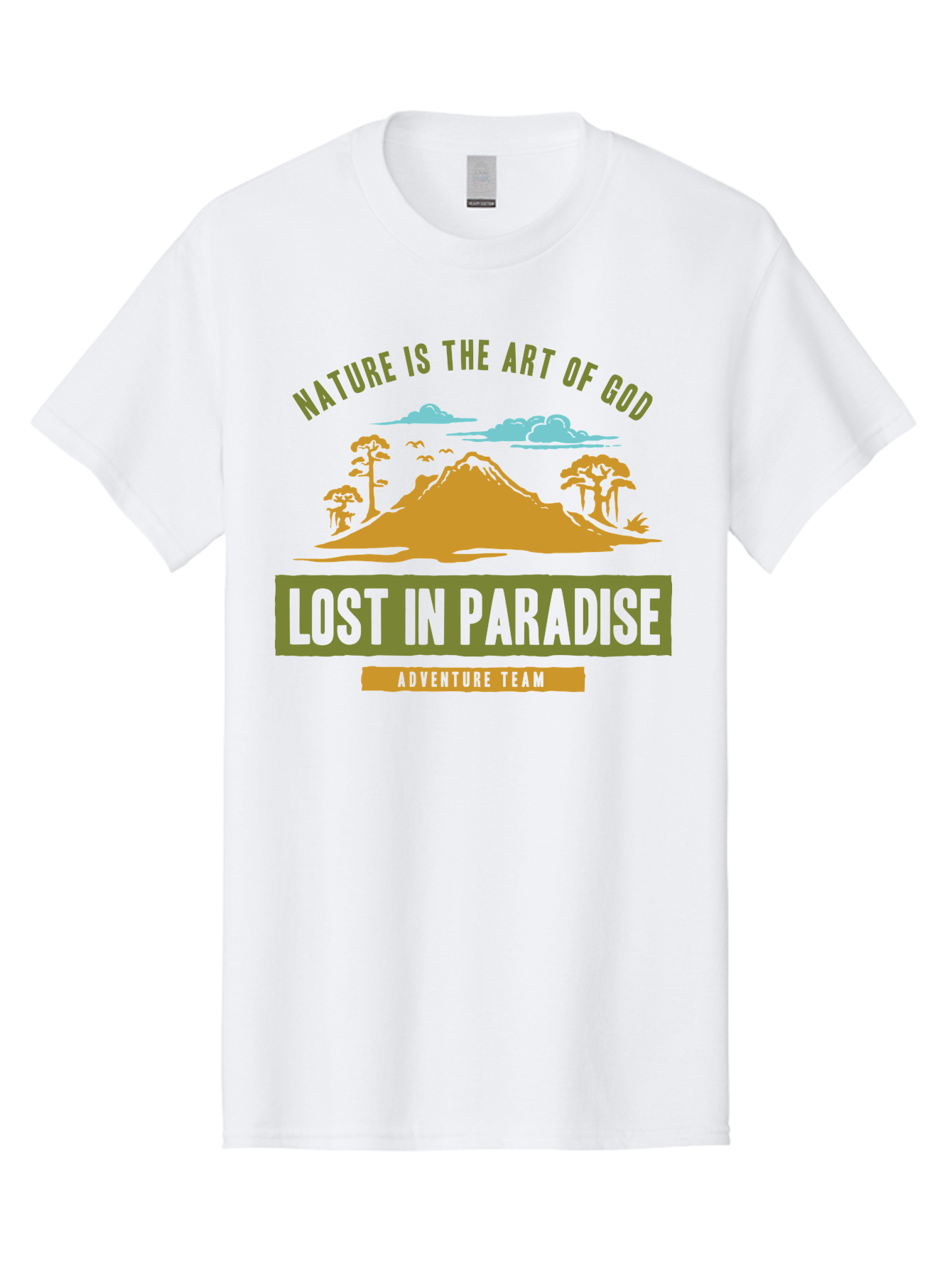 Lost In Paradise Men'S Graphic Tee, 100% Cotton, Comfortable Casual Summer Wear, Machine Washable, Nature-Inspired Design, Paradise Scenery, Mountain Landscape, Adventure Theme, Inspirational Quotes, Outdoor Enthusiasts, Travel Team, Aae462 29