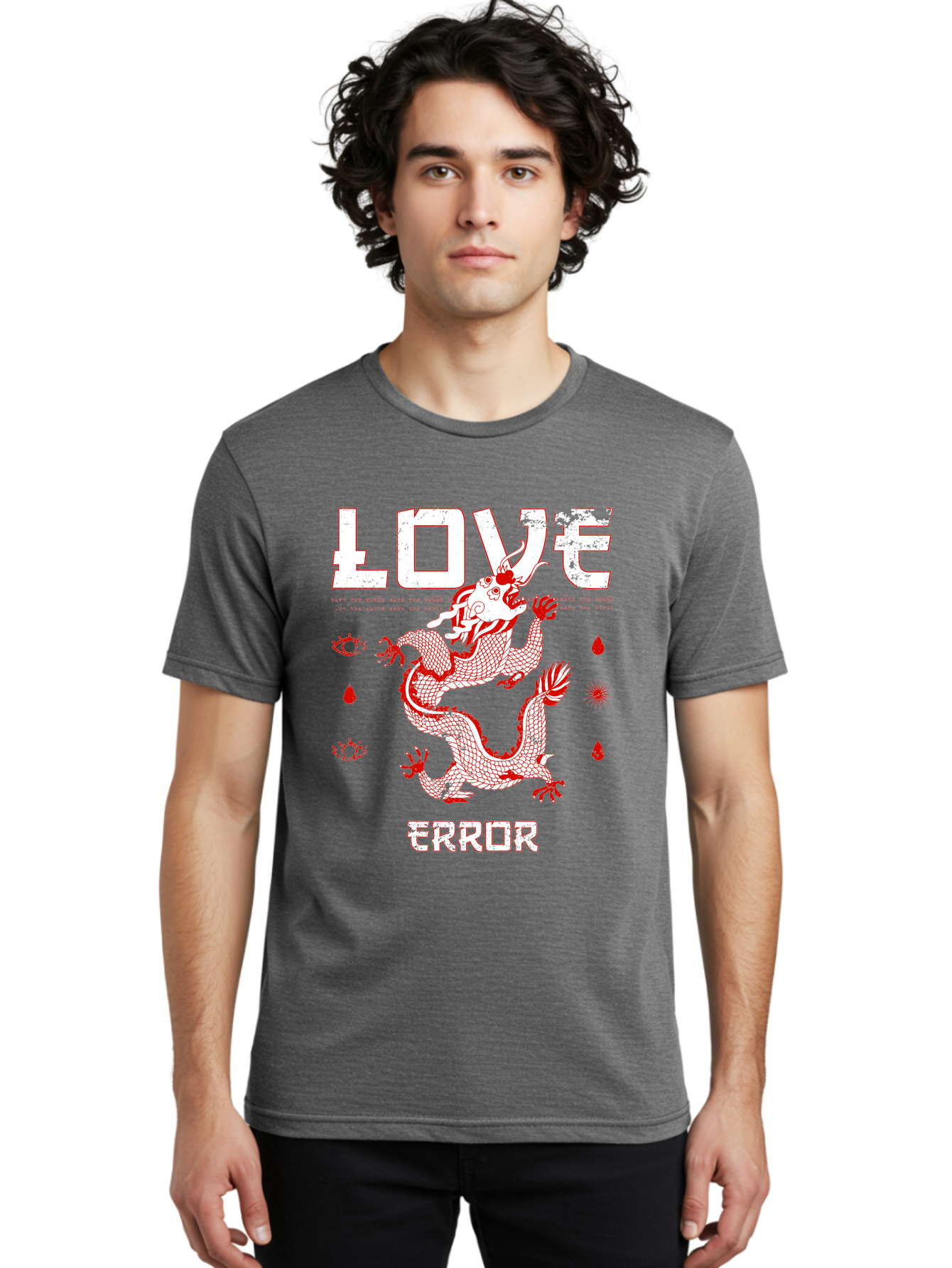 Love Error Men'S Graphic Tee, 100% Cotton, Comfortable Casual Summer Wear, Machine Washable, Dragon Graphic, Love Error Message, Red Dragon Illustration, Bold Typography, Abstract Shapes, Symbolic Art, Emotional Expression, Edgy Design Aae466