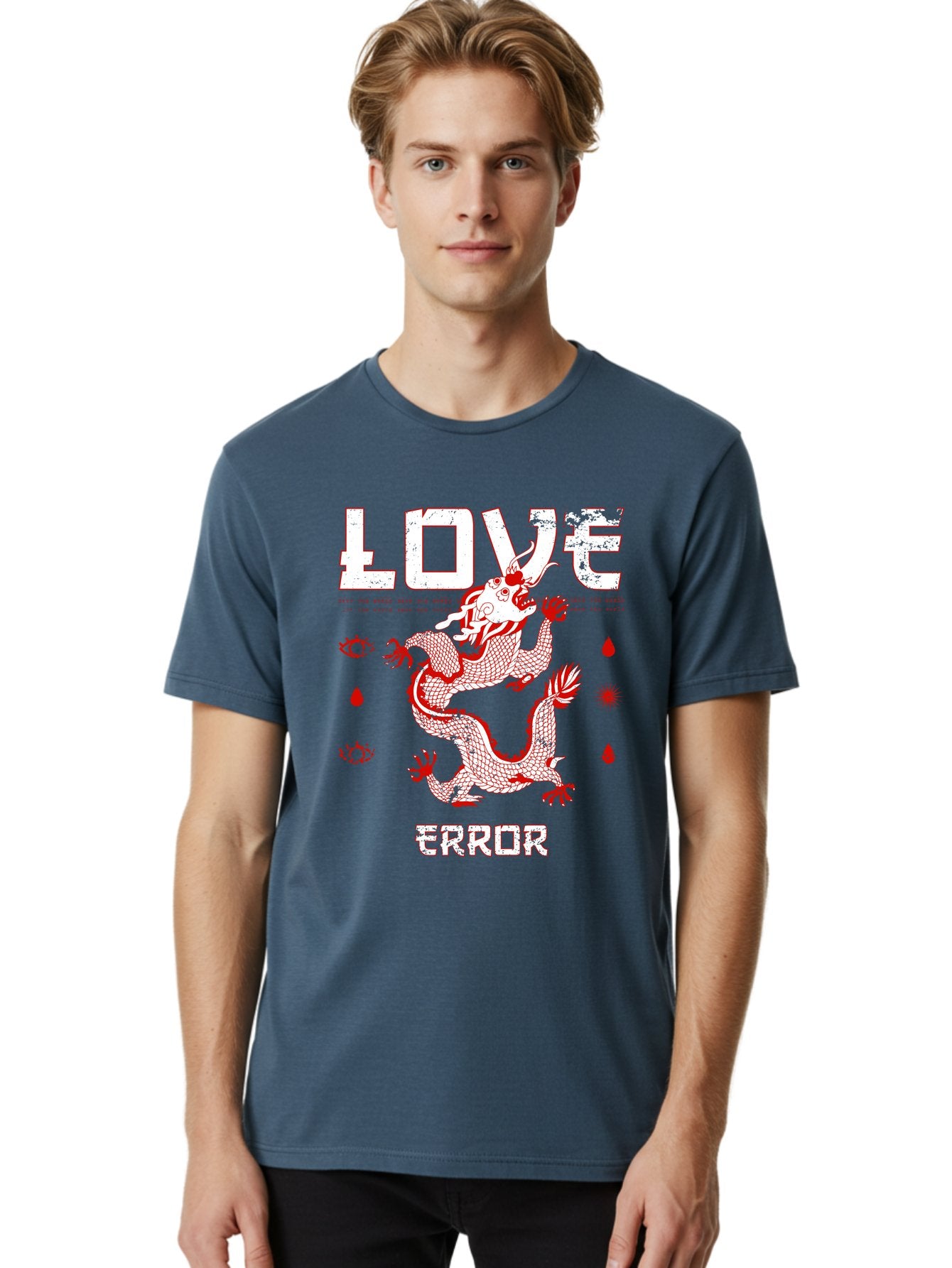 Love Error Men'S Graphic Tee, 100% Cotton, Comfortable Casual Summer Wear, Machine Washable, Dragon Graphic, Love Error Message, Red Dragon Illustration, Bold Typography, Abstract Shapes, Symbolic Art, Emotional Expression, Edgy Design Aae466 17