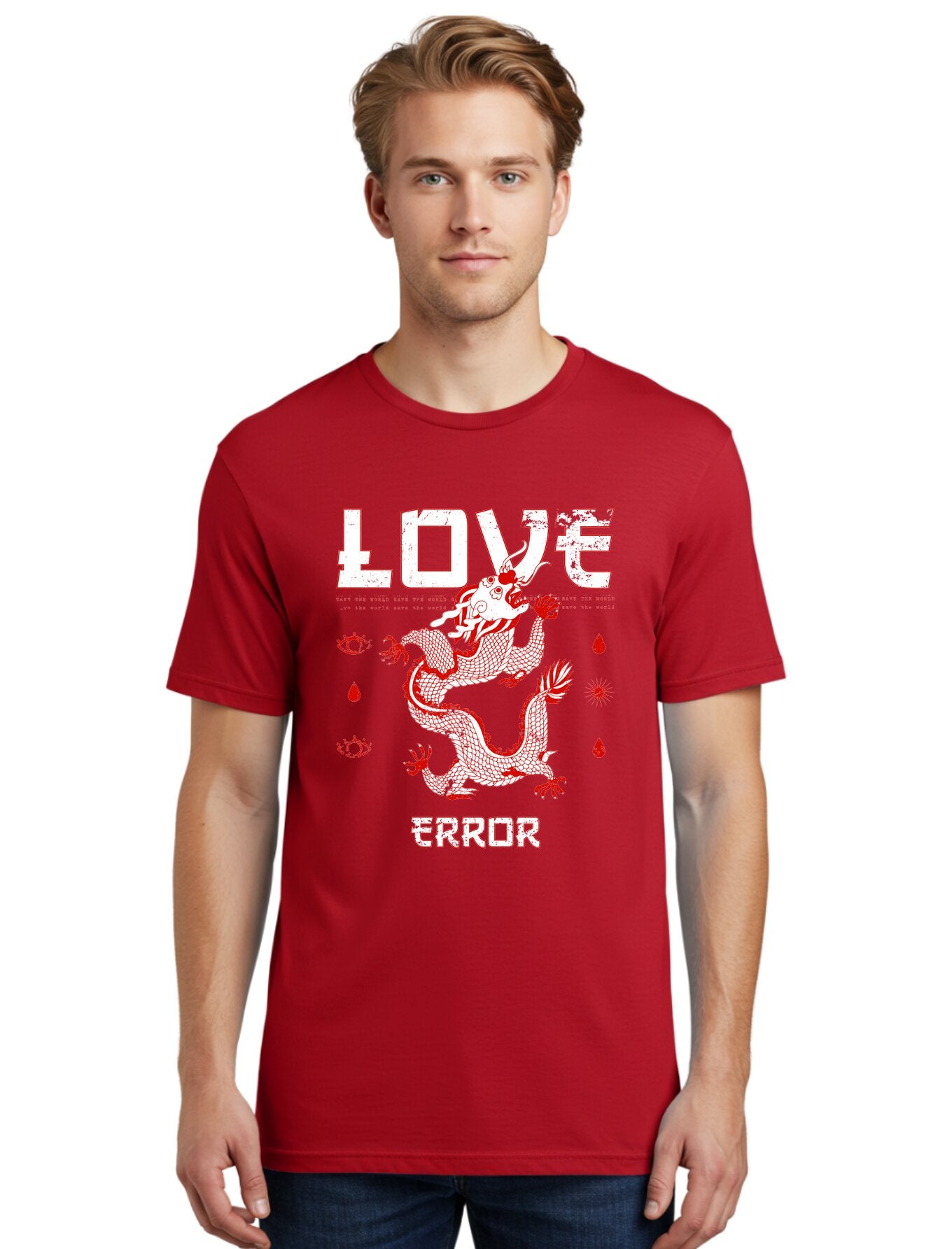 Love Error Men'S Graphic Tee, 100% Cotton, Comfortable Casual Summer Wear, Machine Washable, Dragon Graphic, Love Error Message, Red Dragon Illustration, Bold Typography, Abstract Shapes, Symbolic Art, Emotional Expression, Edgy Design Aae466 21