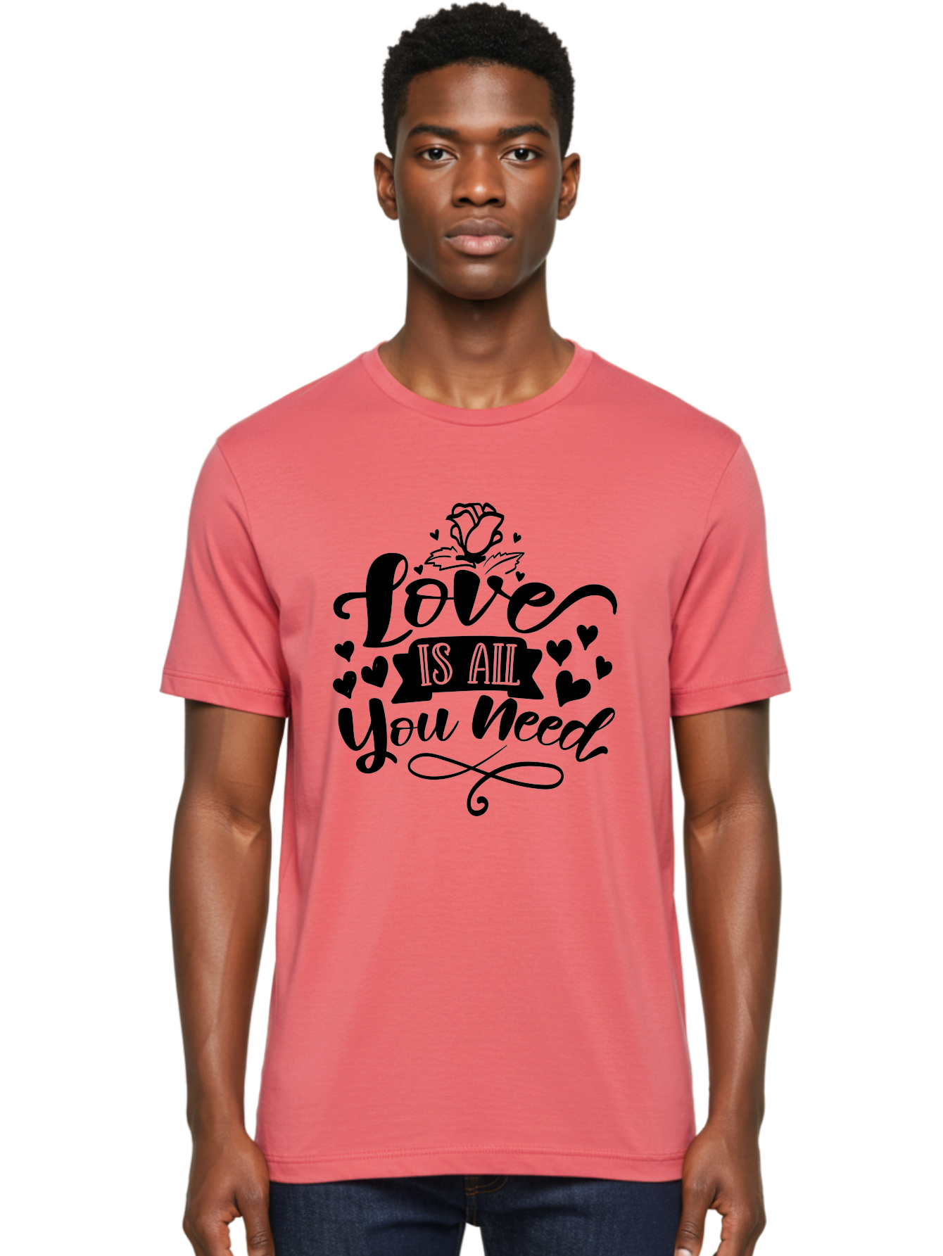 Love Is All You Need Men'S Graphic Tee, 100% Cotton, Comfortable Casual Summer Wear, Machine Washable, Love Quote, Heartwarming Message, Inspirational Phrase, Typography Art, Rose Illustration, Hearts, Love Is All You Need, Motivational Quote, Aae469 22