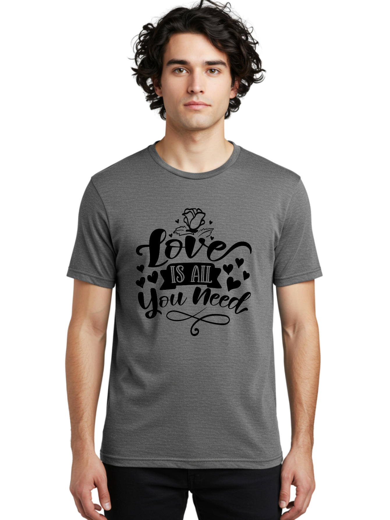 Love Is All You Need Men'S Graphic Tee, 100% Cotton, Comfortable Casual Summer Wear, Machine Washable, Love Quote, Heartwarming Message, Inspirational Phrase, Typography Art, Rose Illustration, Hearts, Love Is All You Need, Motivational Quote, Aae469 6