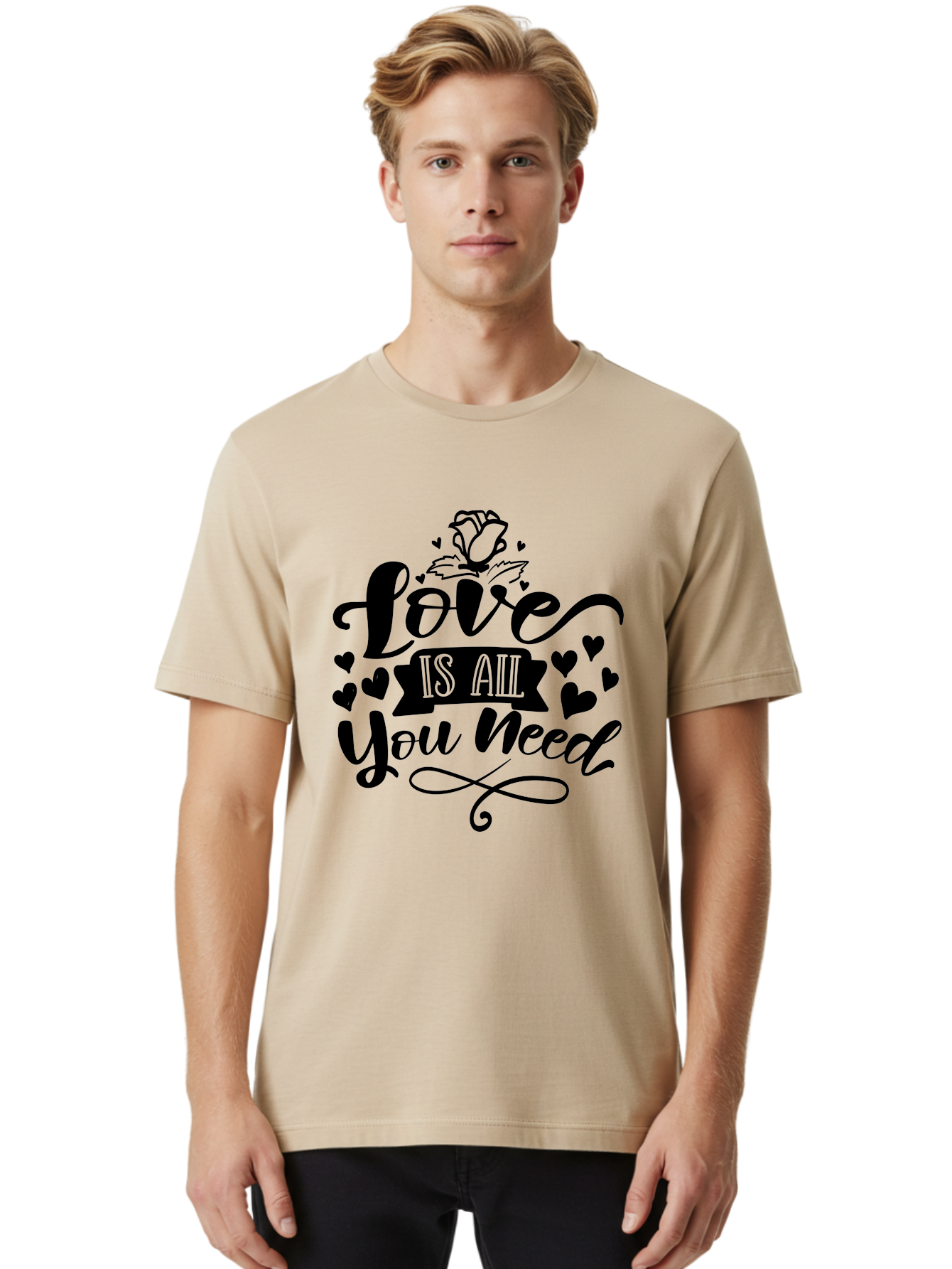Love Is All You Need Men'S Graphic Tee, 100% Cotton, Comfortable Casual Summer Wear, Machine Washable, Love Quote, Heartwarming Message, Inspirational Phrase, Typography Art, Rose Illustration, Hearts, Love Is All You Need, Motivational Quote, Aae469