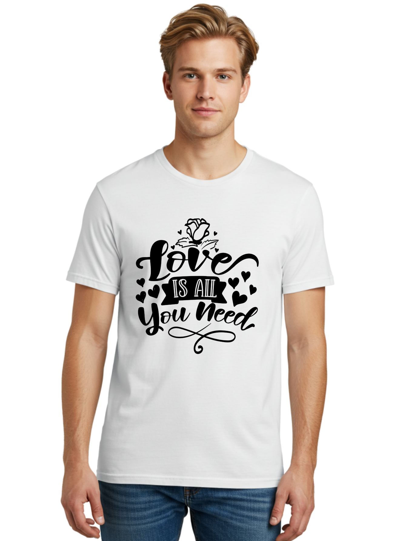 Love Is All You Need Men'S Graphic Tee, 100% Cotton, Comfortable Casual Summer Wear, Machine Washable, Love Quote, Heartwarming Message, Inspirational Phrase, Typography Art, Rose Illustration, Hearts, Love Is All You Need, Motivational Quote, Aae469 18
