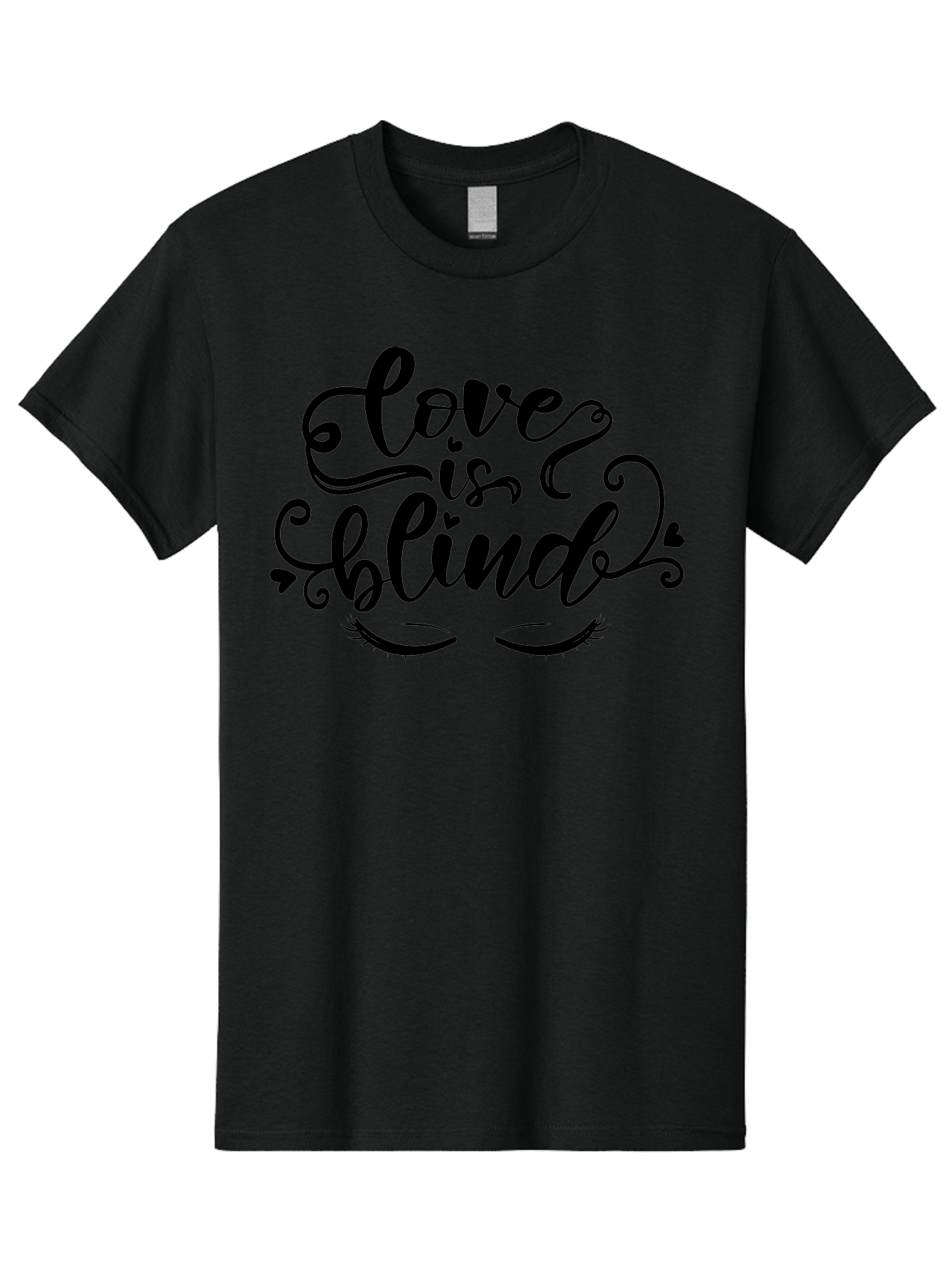 Love Is Blind Men'S Graphic Tee, 100% Cotton, Comfortable Casual Summer Wear, Machine Washable, Love Is Blind Quote, Black Typography, Hearts, Eyelashes, Swirly Design, Vintage Style, Romantic Phrase, Beautiful Lettering Aae470 5