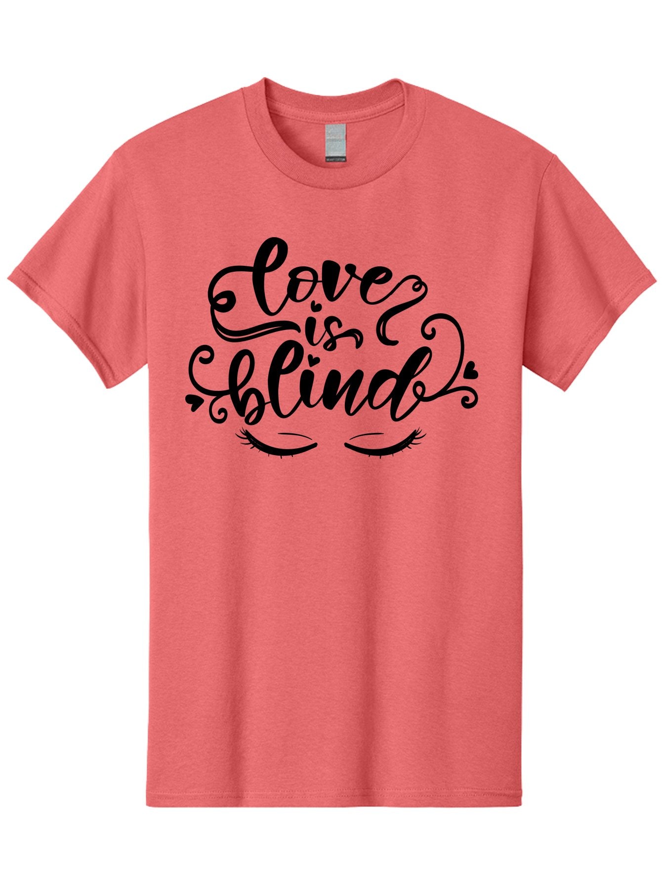 Love Is Blind Men'S Graphic Tee, 100% Cotton, Comfortable Casual Summer Wear, Machine Washable, Love Is Blind Quote, Black Typography, Hearts, Eyelashes, Swirly Design, Vintage Style, Romantic Phrase, Beautiful Lettering Aae470 3