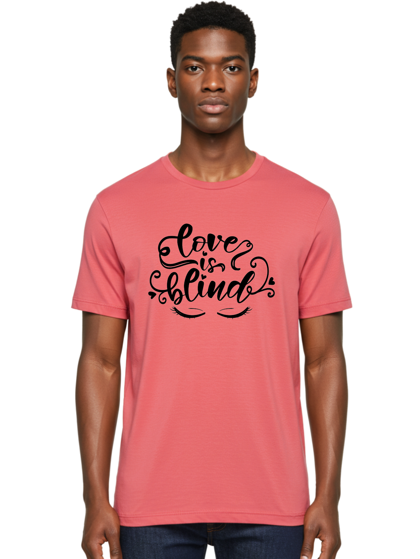 Love Is Blind Men'S Graphic Tee, 100% Cotton, Comfortable Casual Summer Wear, Machine Washable, Love Is Blind Quote, Black Typography, Hearts, Eyelashes, Swirly Design, Vintage Style, Romantic Phrase, Beautiful Lettering Aae470 24