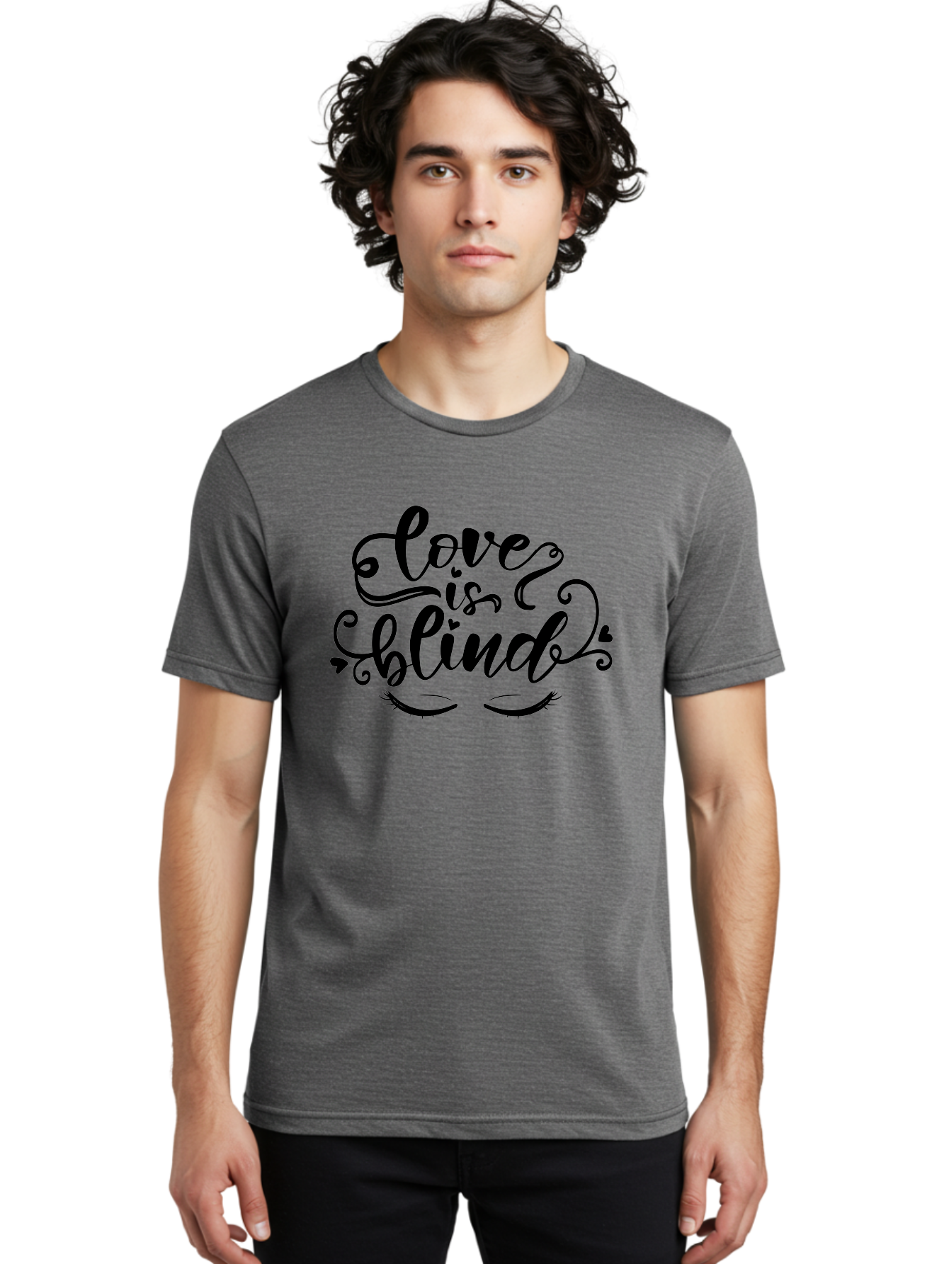 Love Is Blind Men'S Graphic Tee, 100% Cotton, Comfortable Casual Summer Wear, Machine Washable, Love Is Blind Quote, Black Typography, Hearts, Eyelashes, Swirly Design, Vintage Style, Romantic Phrase, Beautiful Lettering Aae470 28