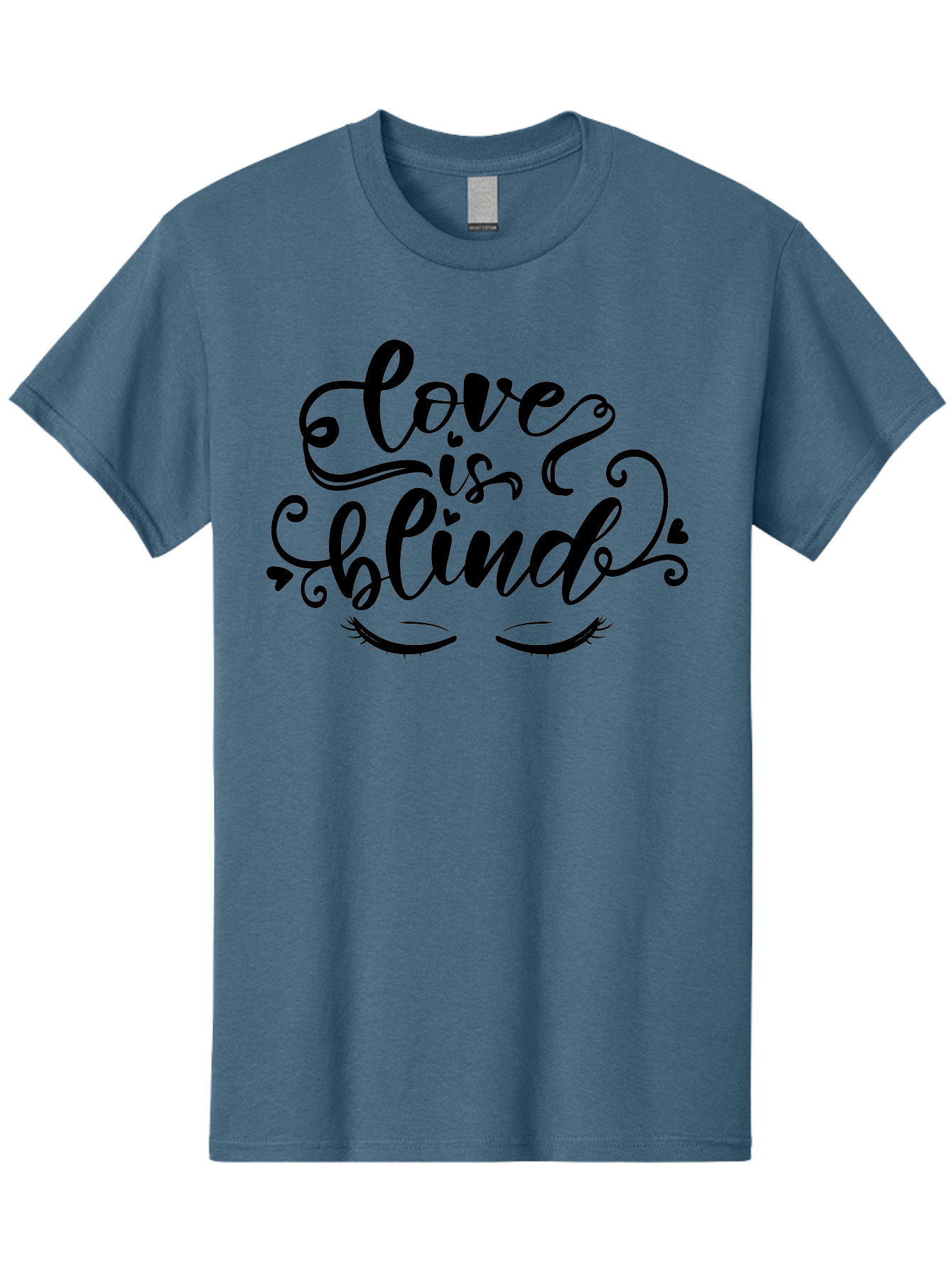 Love Is Blind Men'S Graphic Tee, 100% Cotton, Comfortable Casual Summer Wear, Machine Washable, Love Is Blind Quote, Black Typography, Hearts, Eyelashes, Swirly Design, Vintage Style, Romantic Phrase, Beautiful Lettering Aae470 21