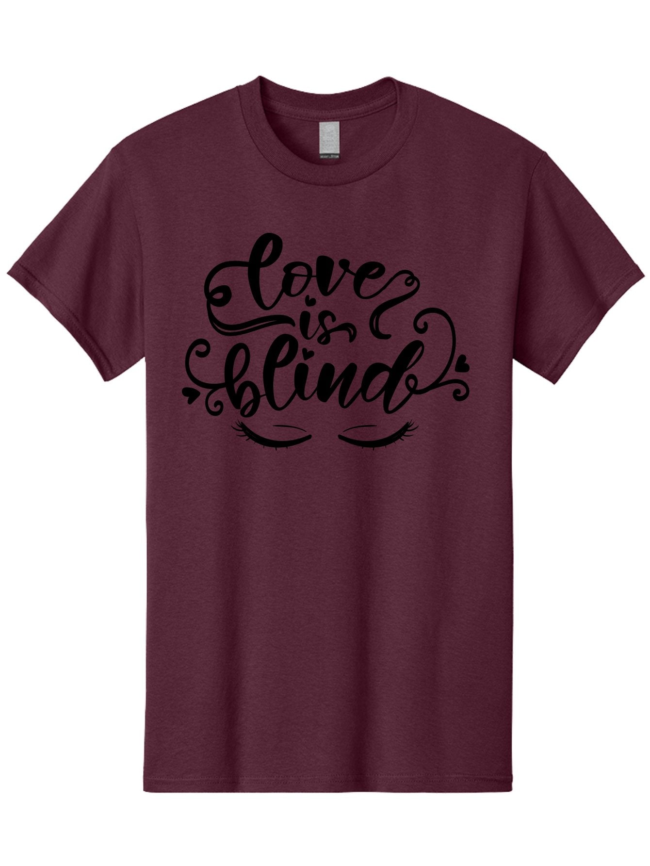 Love Is Blind Men'S Graphic Tee, 100% Cotton, Comfortable Casual Summer Wear, Machine Washable, Love Is Blind Quote, Black Typography, Hearts, Eyelashes, Swirly Design, Vintage Style, Romantic Phrase, Beautiful Lettering Aae470 8