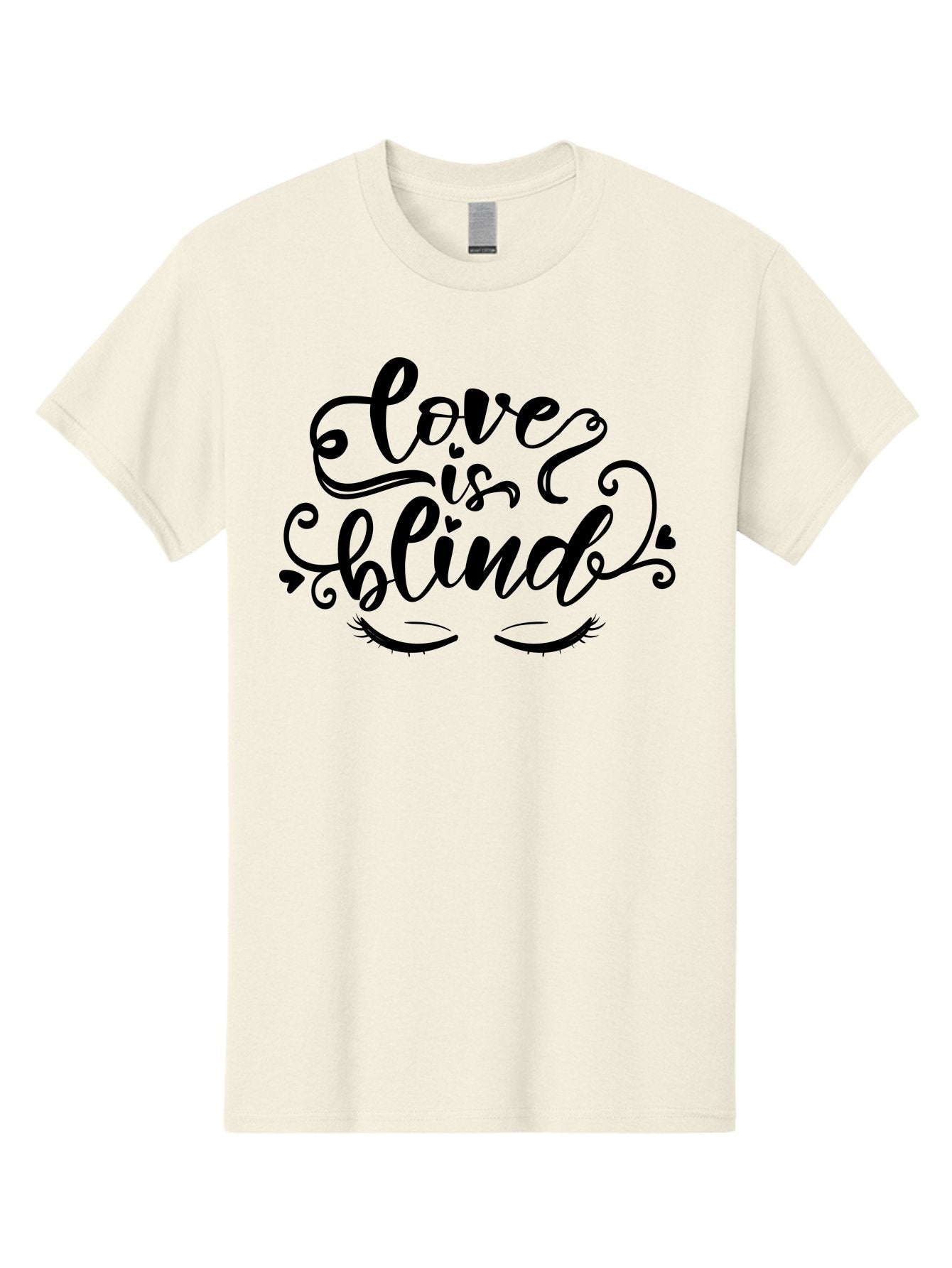 Love Is Blind Men'S Graphic Tee, 100% Cotton, Comfortable Casual Summer Wear, Machine Washable, Love Is Blind Quote, Black Typography, Hearts, Eyelashes, Swirly Design, Vintage Style, Romantic Phrase, Beautiful Lettering Aae470