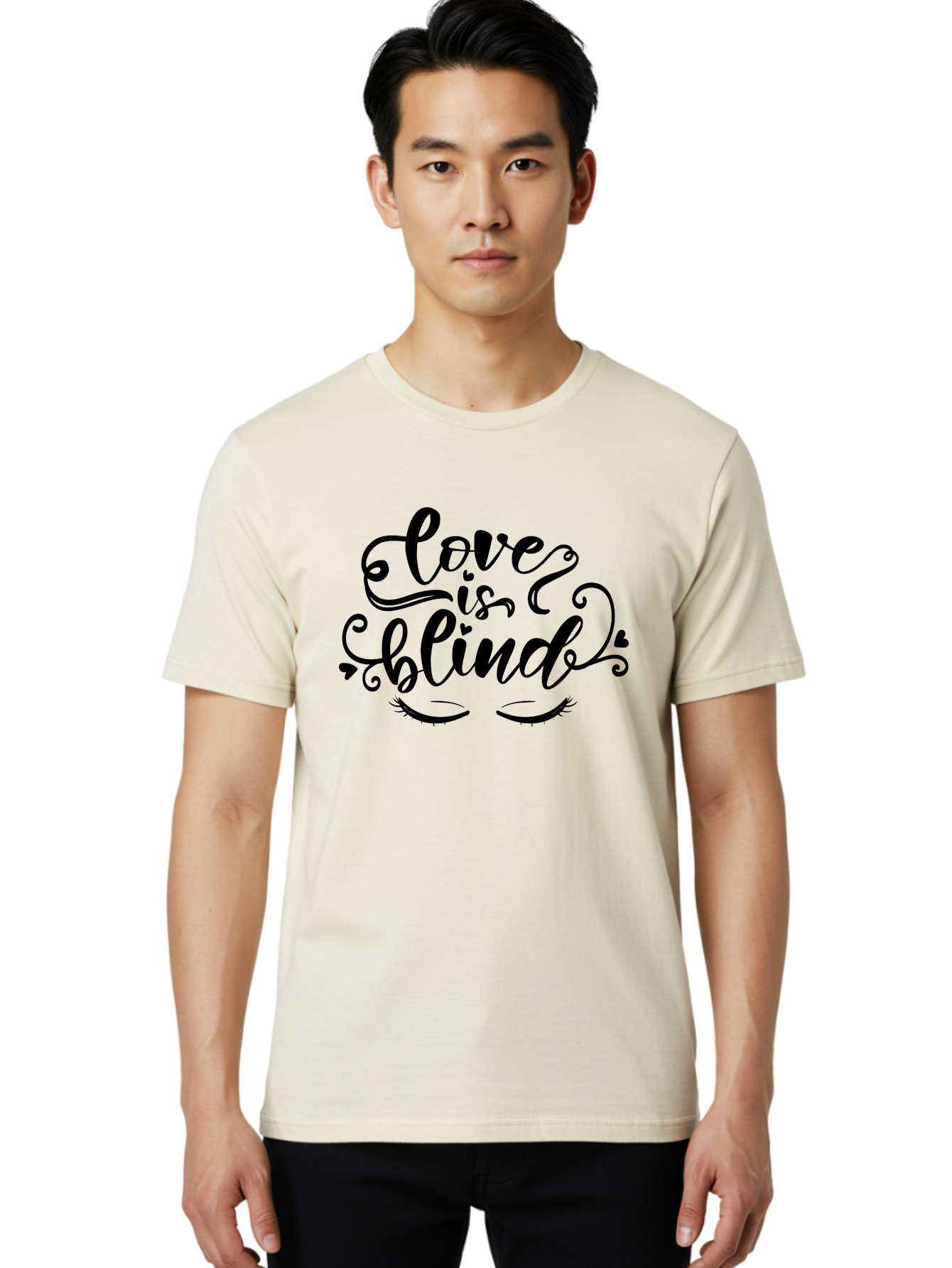 Love Is Blind Men'S Graphic Tee, 100% Cotton, Comfortable Casual Summer Wear, Machine Washable, Love Is Blind Quote, Black Typography, Hearts, Eyelashes, Swirly Design, Vintage Style, Romantic Phrase, Beautiful Lettering Aae470 8