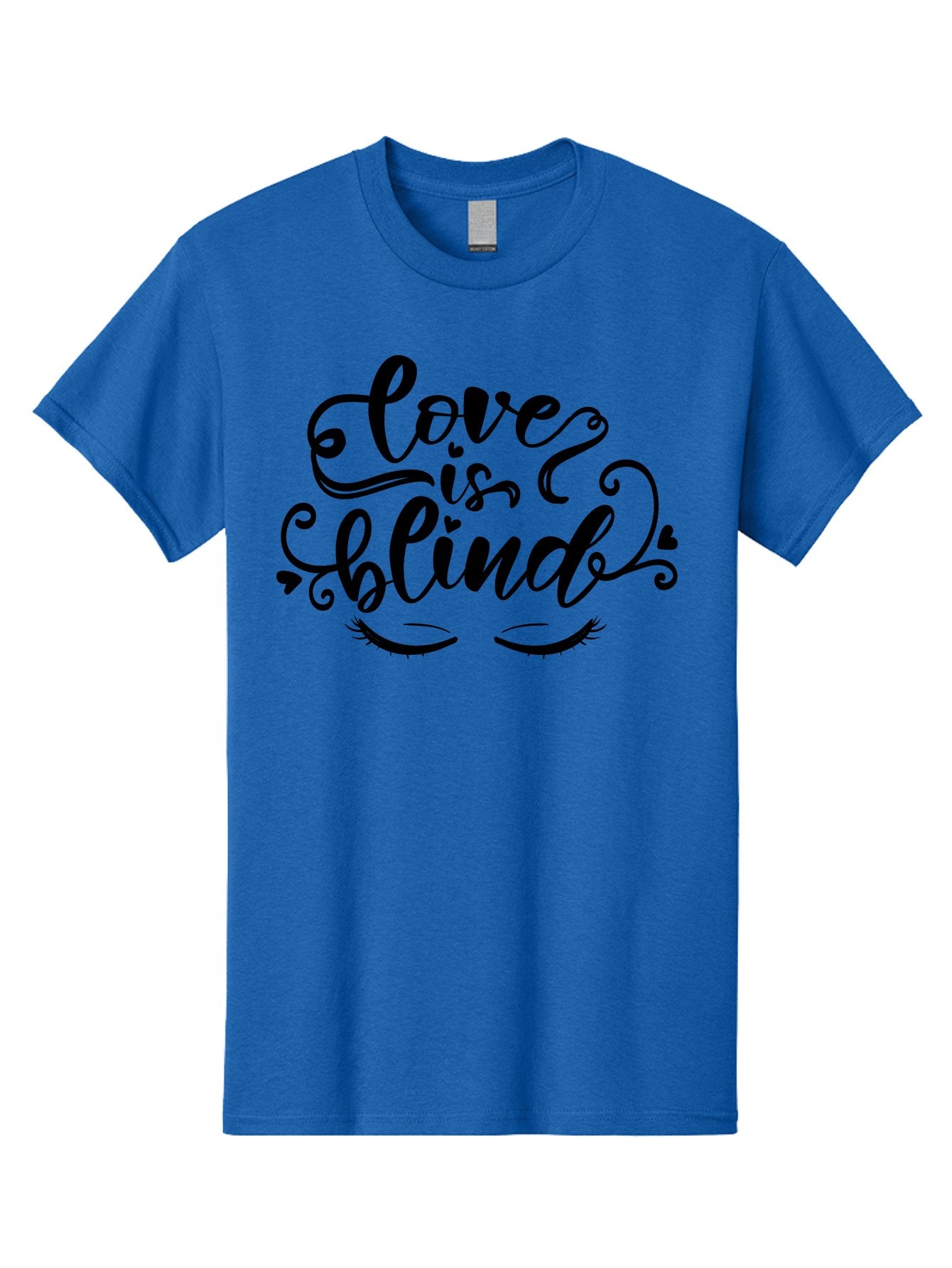 Love Is Blind Men'S Graphic Tee, 100% Cotton, Comfortable Casual Summer Wear, Machine Washable, Love Is Blind Quote, Black Typography, Hearts, Eyelashes, Swirly Design, Vintage Style, Romantic Phrase, Beautiful Lettering Aae470