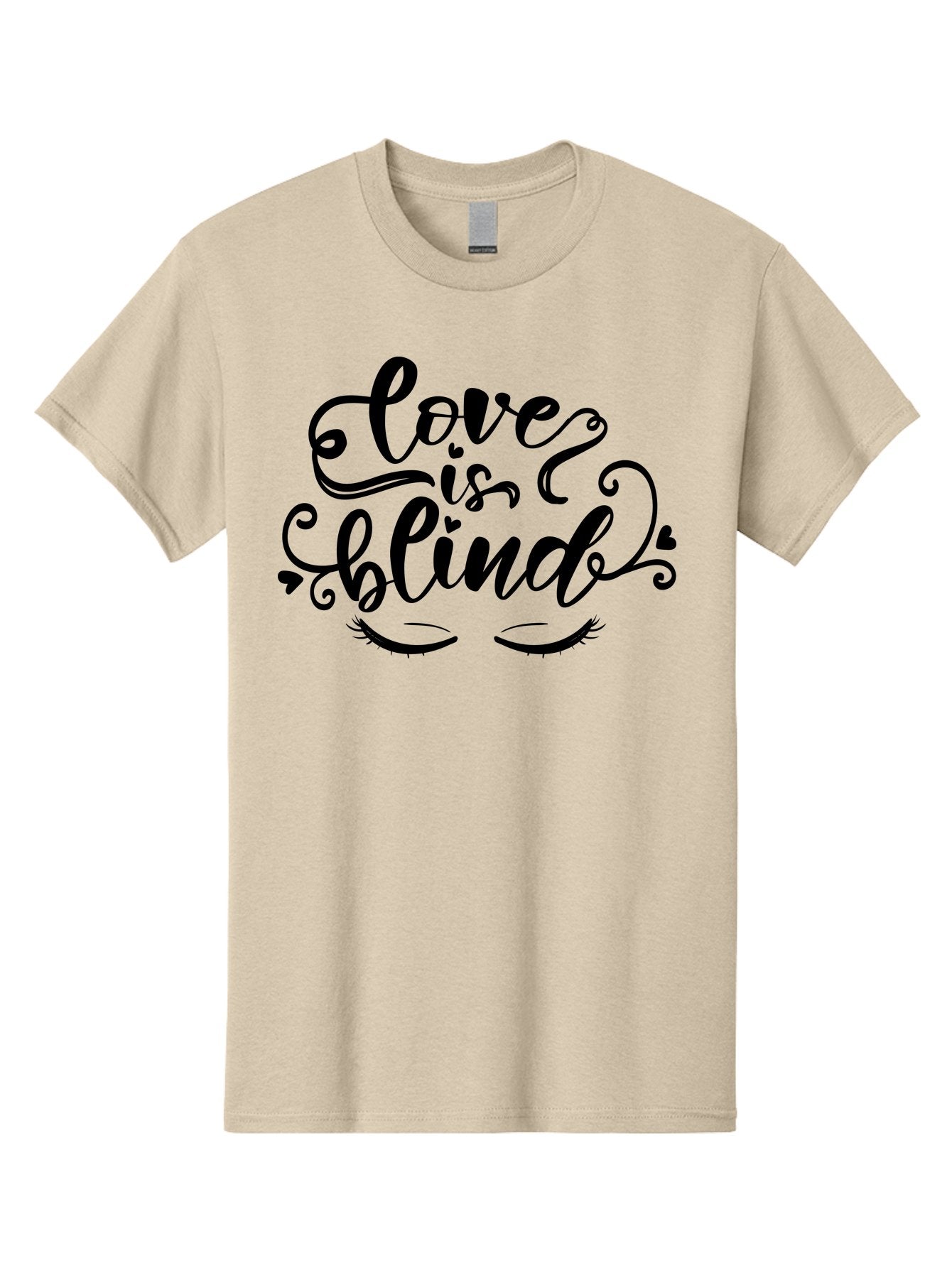 Love Is Blind Men'S Graphic Tee, 100% Cotton, Comfortable Casual Summer Wear, Machine Washable, Love Is Blind Quote, Black Typography, Hearts, Eyelashes, Swirly Design, Vintage Style, Romantic Phrase, Beautiful Lettering Aae470 9