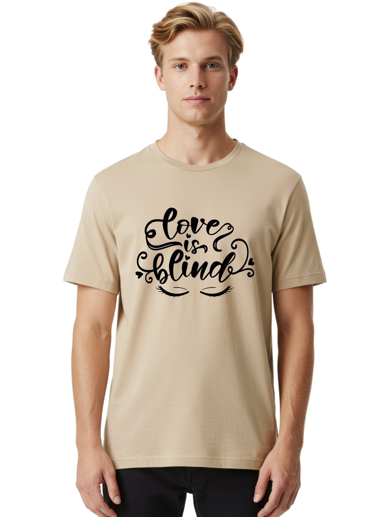 Love Is Blind Men'S Graphic Tee, 100% Cotton, Comfortable Casual Summer Wear, Machine Washable, Love Is Blind Quote, Black Typography, Hearts, Eyelashes, Swirly Design, Vintage Style, Romantic Phrase, Beautiful Lettering Aae470 26