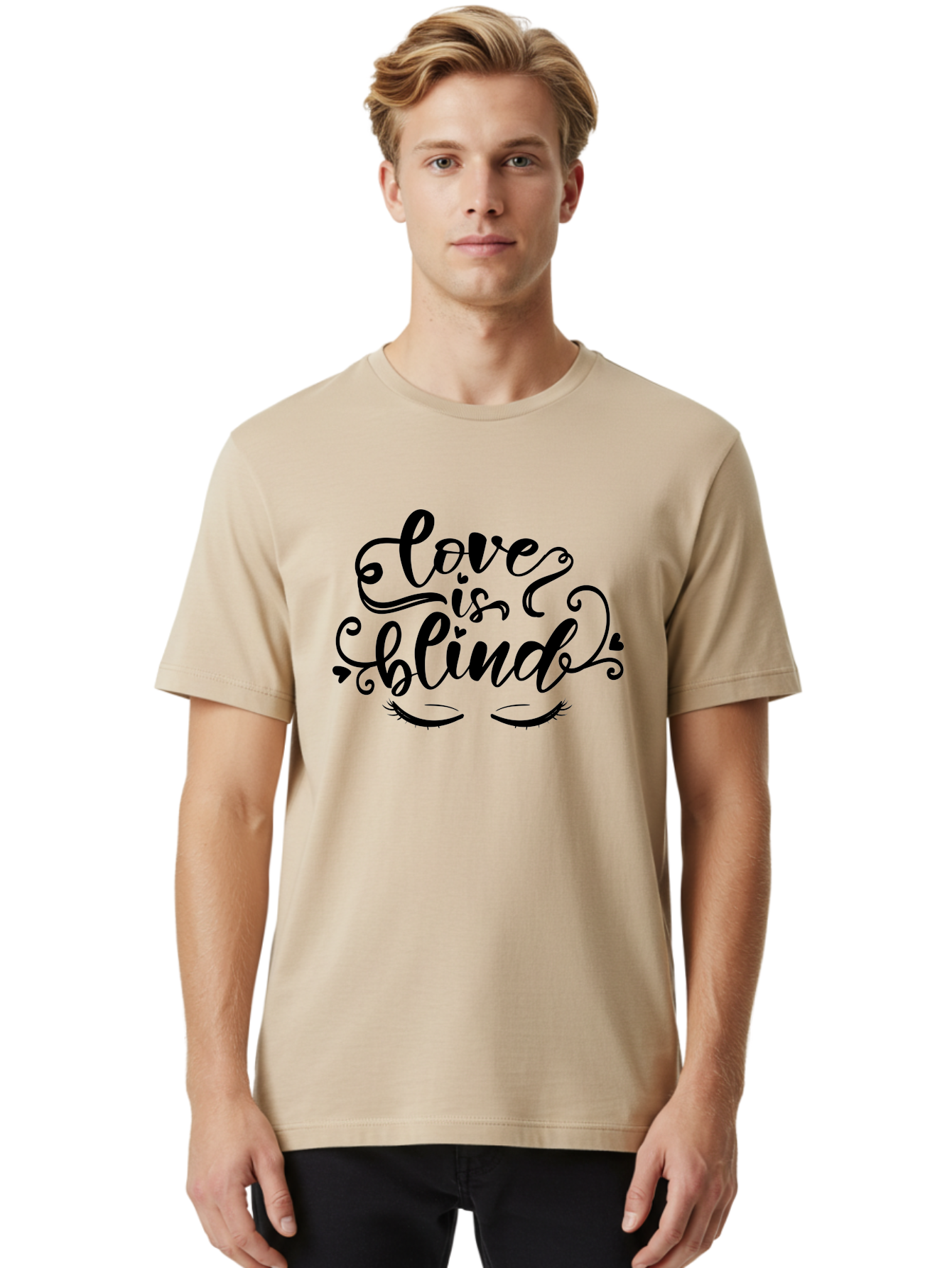 Love Is Blind Men'S Graphic Tee, 100% Cotton, Comfortable Casual Summer Wear, Machine Washable, Love Is Blind Quote, Black Typography, Hearts, Eyelashes, Swirly Design, Vintage Style, Romantic Phrase, Beautiful Lettering Aae470 10