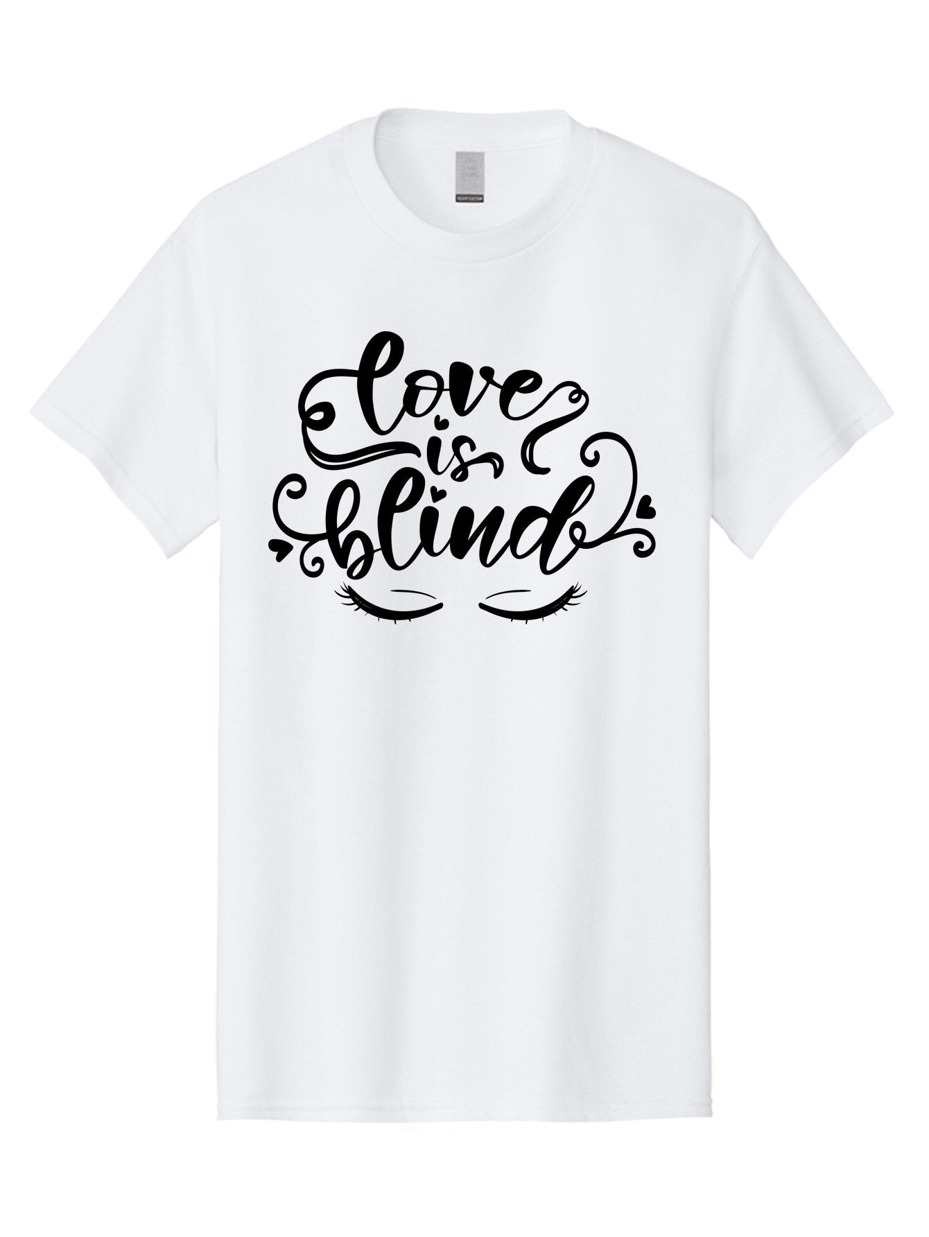 Love Is Blind Men'S Graphic Tee, 100% Cotton, Comfortable Casual Summer Wear, Machine Washable, Love Is Blind Quote, Black Typography, Hearts, Eyelashes, Swirly Design, Vintage Style, Romantic Phrase, Beautiful Lettering Aae470 6