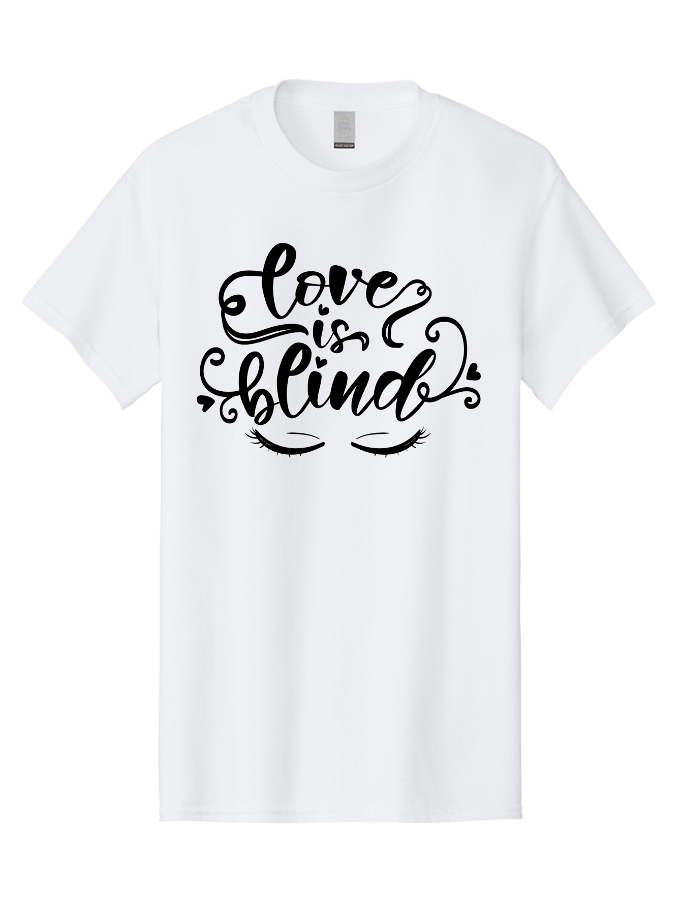 Love Is Blind Men'S Graphic Tee, 100% Cotton, Comfortable Casual Summer Wear, Machine Washable, Love Is Blind Quote, Black Typography, Hearts, Eyelashes, Swirly Design, Vintage Style, Romantic Phrase, Beautiful Lettering Aae470 13