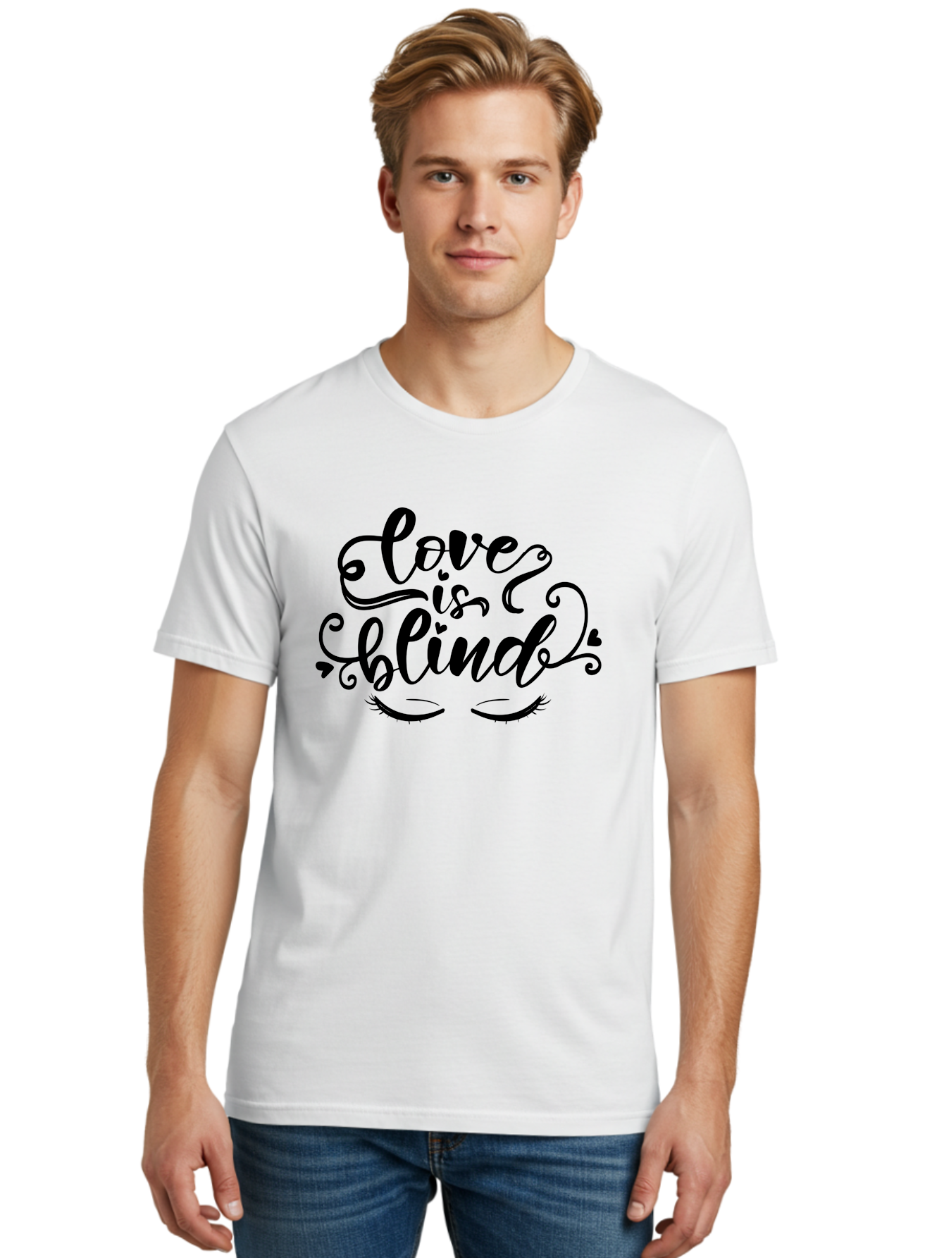 Love Is Blind Men'S Graphic Tee, 100% Cotton, Comfortable Casual Summer Wear, Machine Washable, Love Is Blind Quote, Black Typography, Hearts, Eyelashes, Swirly Design, Vintage Style, Romantic Phrase, Beautiful Lettering Aae470 14