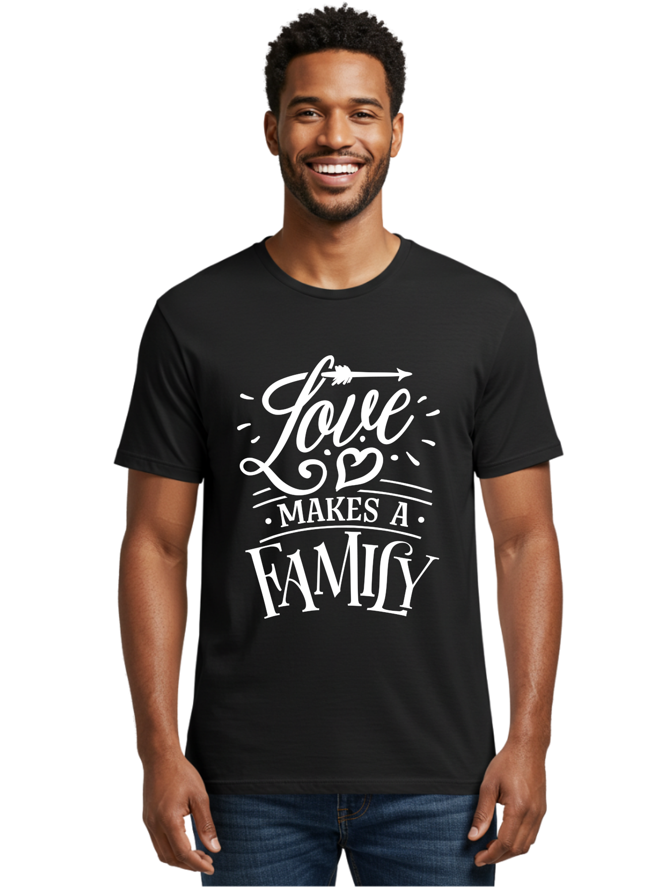 Love Makes A Family - White Men'S Graphic Tee, 100% Cotton, Comfortable Casual Summer Wear, Machine Washable, Love Makes Family, Family Love, Heartwarming Quote, Inspirational Quote, Family Bonding, Love Is Everything, Typography Art, Aae472