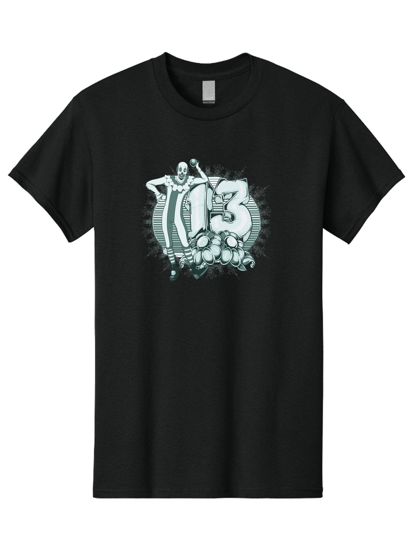 Lucky 13 Clown Men'S Graphic Tee, 100% Cotton, Comfortable Casual Summer Wear, Machine Washable, Clown Illustration, Creepy Clown, Horror Theme, Number 13, Balloon Decoration, Scary Art, Freaky Design, Juggling Balls, Eerie Atmosphere Aae476 10