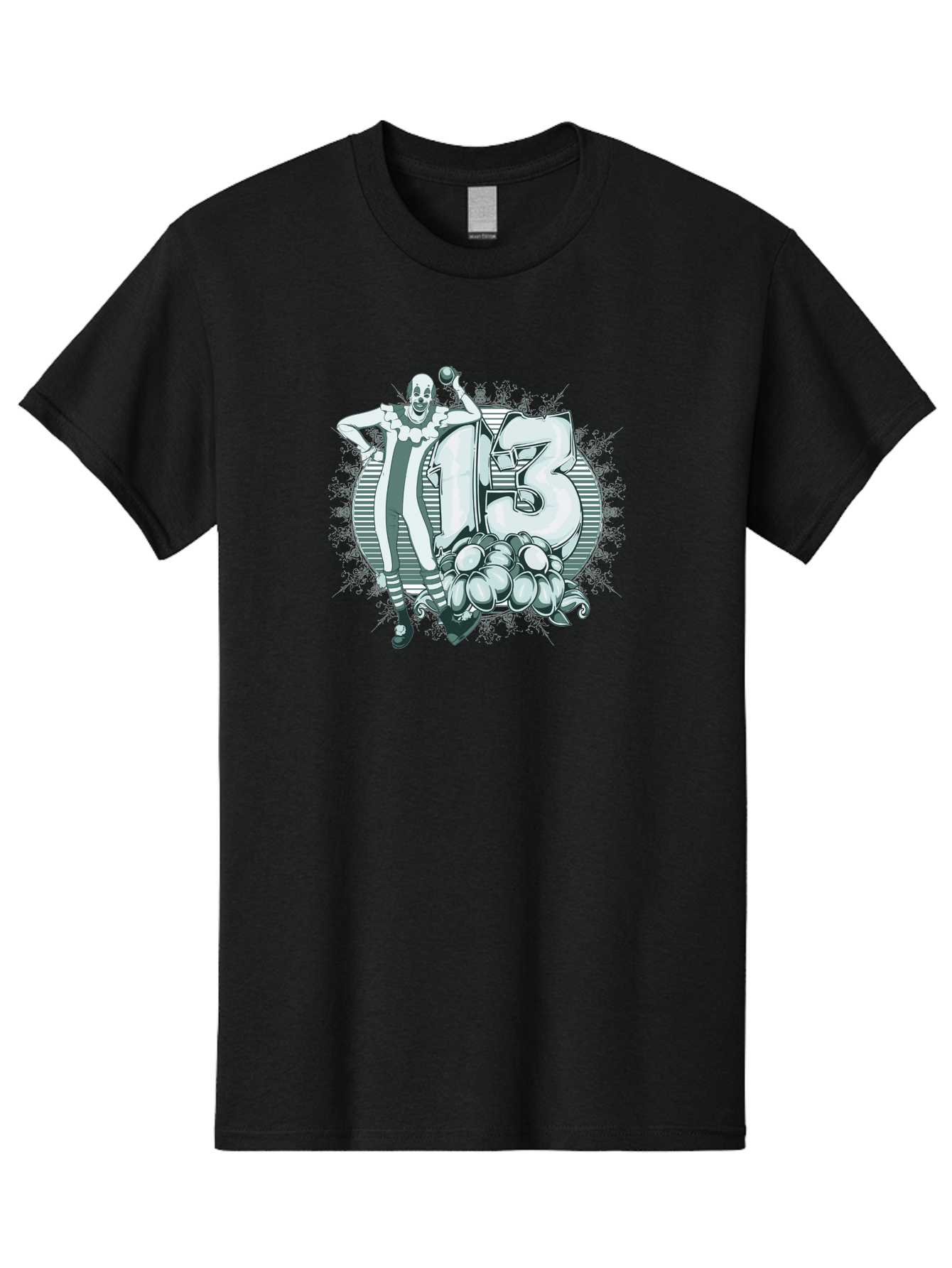 Lucky 13 Clown Men'S Graphic Tee, 100% Cotton, Comfortable Casual Summer Wear, Machine Washable, Clown Illustration, Creepy Clown, Horror Theme, Number 13, Balloon Decoration, Scary Art, Freaky Design, Juggling Balls, Eerie Atmosphere Aae476 25