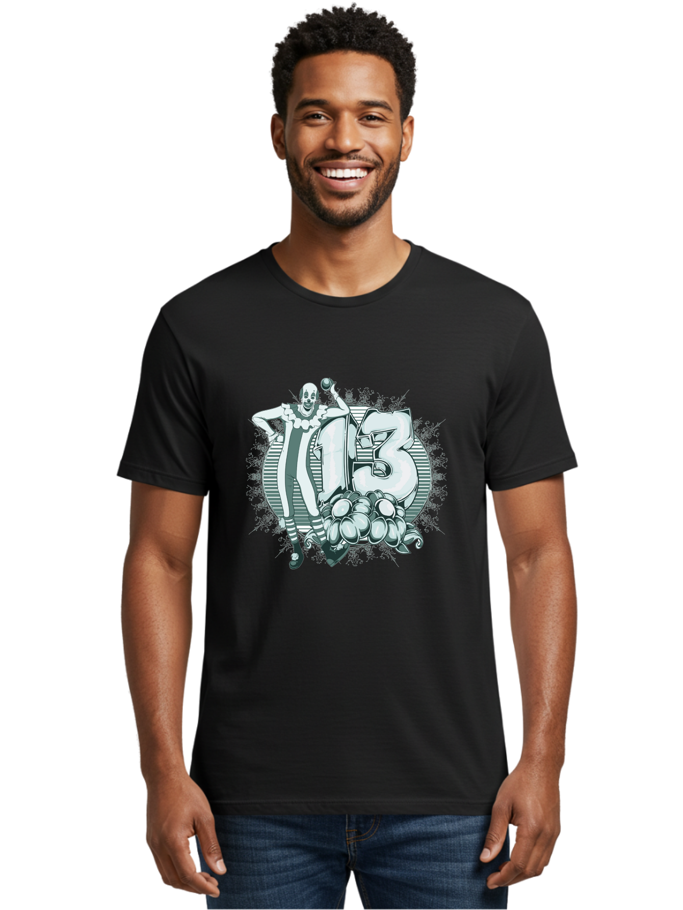 Lucky 13 Clown Men'S Graphic Tee, 100% Cotton, Comfortable Casual Summer Wear, Machine Washable, Clown Illustration, Creepy Clown, Horror Theme, Number 13, Balloon Decoration, Scary Art, Freaky Design, Juggling Balls, Eerie Atmosphere Aae476 26