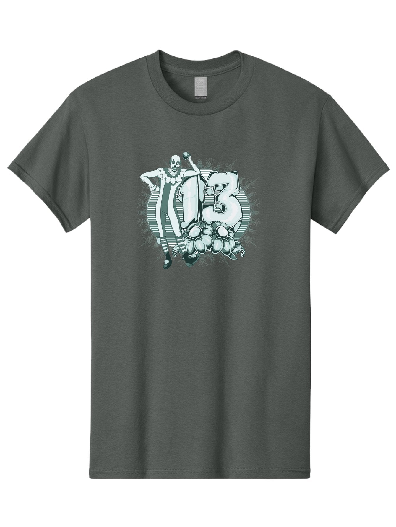 Lucky 13 Clown Men'S Graphic Tee, 100% Cotton, Comfortable Casual Summer Wear, Machine Washable, Clown Illustration, Creepy Clown, Horror Theme, Number 13, Balloon Decoration, Scary Art, Freaky Design, Juggling Balls, Eerie Atmosphere Aae476 4