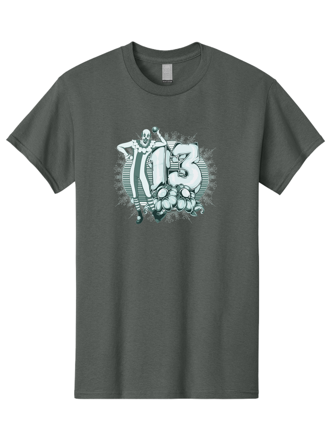 Lucky 13 Clown Men'S Graphic Tee, 100% Cotton, Comfortable Casual Summer Wear, Machine Washable, Clown Illustration, Creepy Clown, Horror Theme, Number 13, Balloon Decoration, Scary Art, Freaky Design, Juggling Balls, Eerie Atmosphere Aae476 13