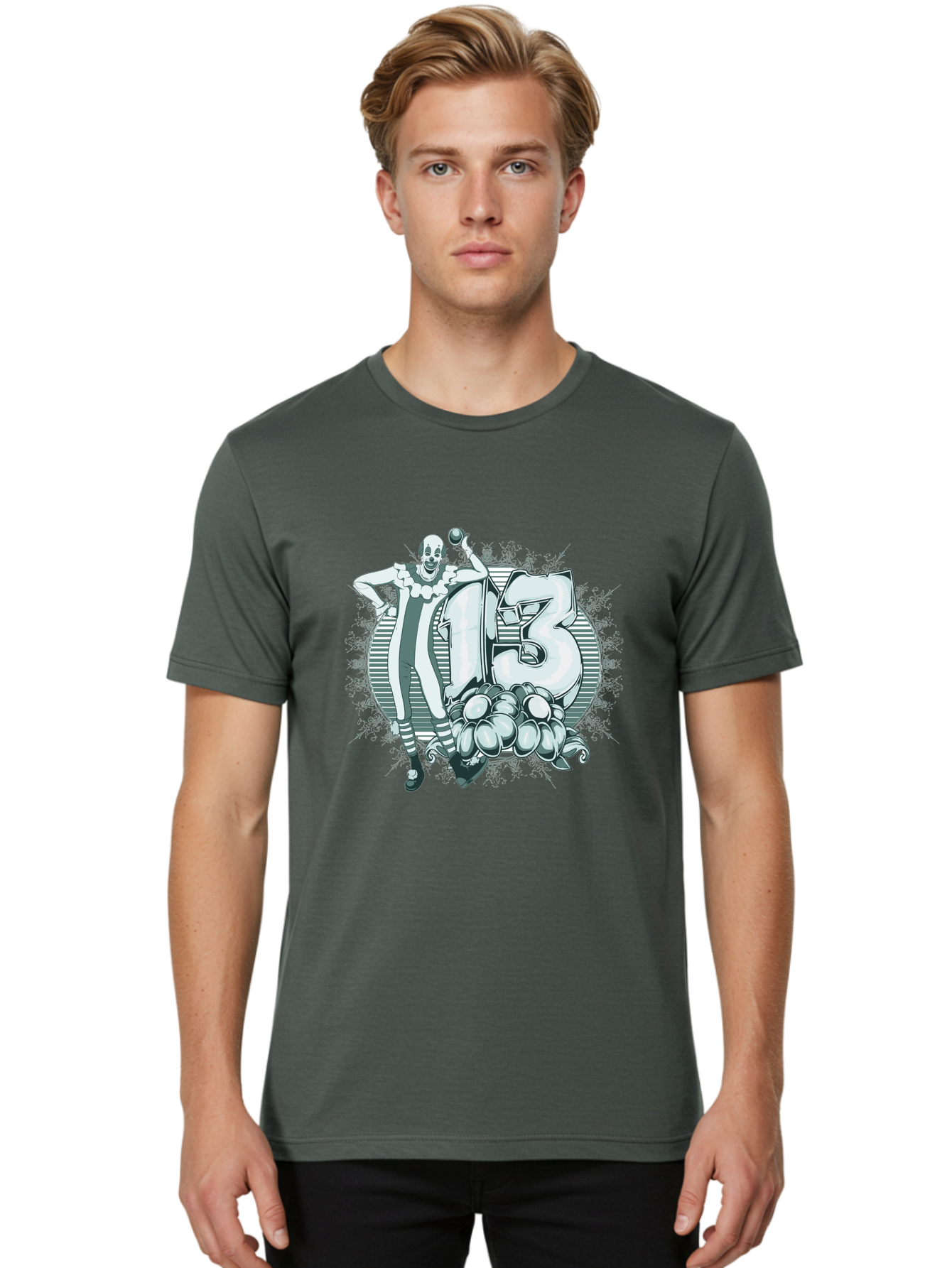 Lucky 13 Clown Men'S Graphic Tee, 100% Cotton, Comfortable Casual Summer Wear, Machine Washable, Clown Illustration, Creepy Clown, Horror Theme, Number 13, Balloon Decoration, Scary Art, Freaky Design, Juggling Balls, Eerie Atmosphere Aae476 14