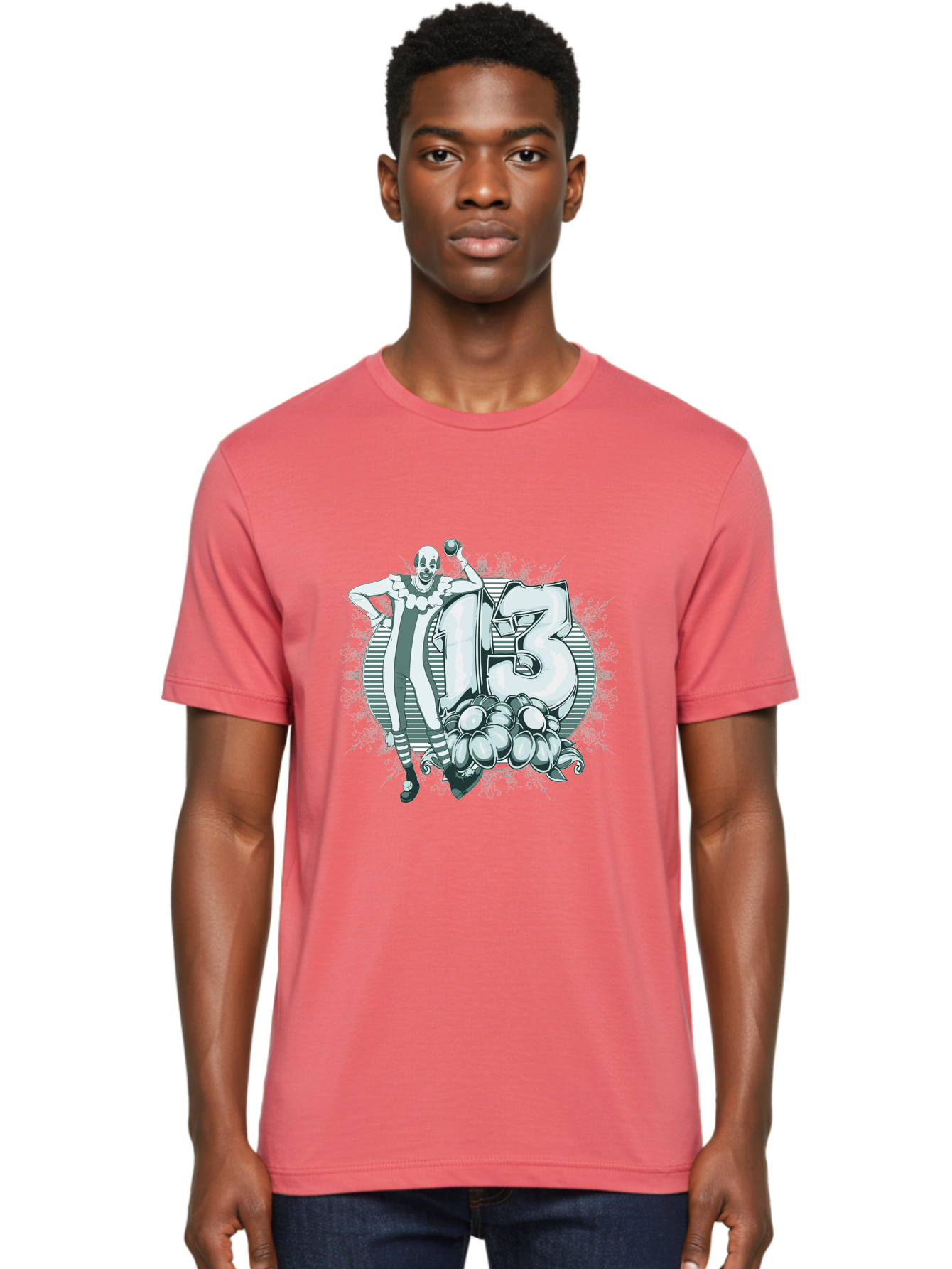 Lucky 13 Clown Men'S Graphic Tee, 100% Cotton, Comfortable Casual Summer Wear, Machine Washable, Clown Illustration, Creepy Clown, Horror Theme, Number 13, Balloon Decoration, Scary Art, Freaky Design, Juggling Balls, Eerie Atmosphere Aae476 4