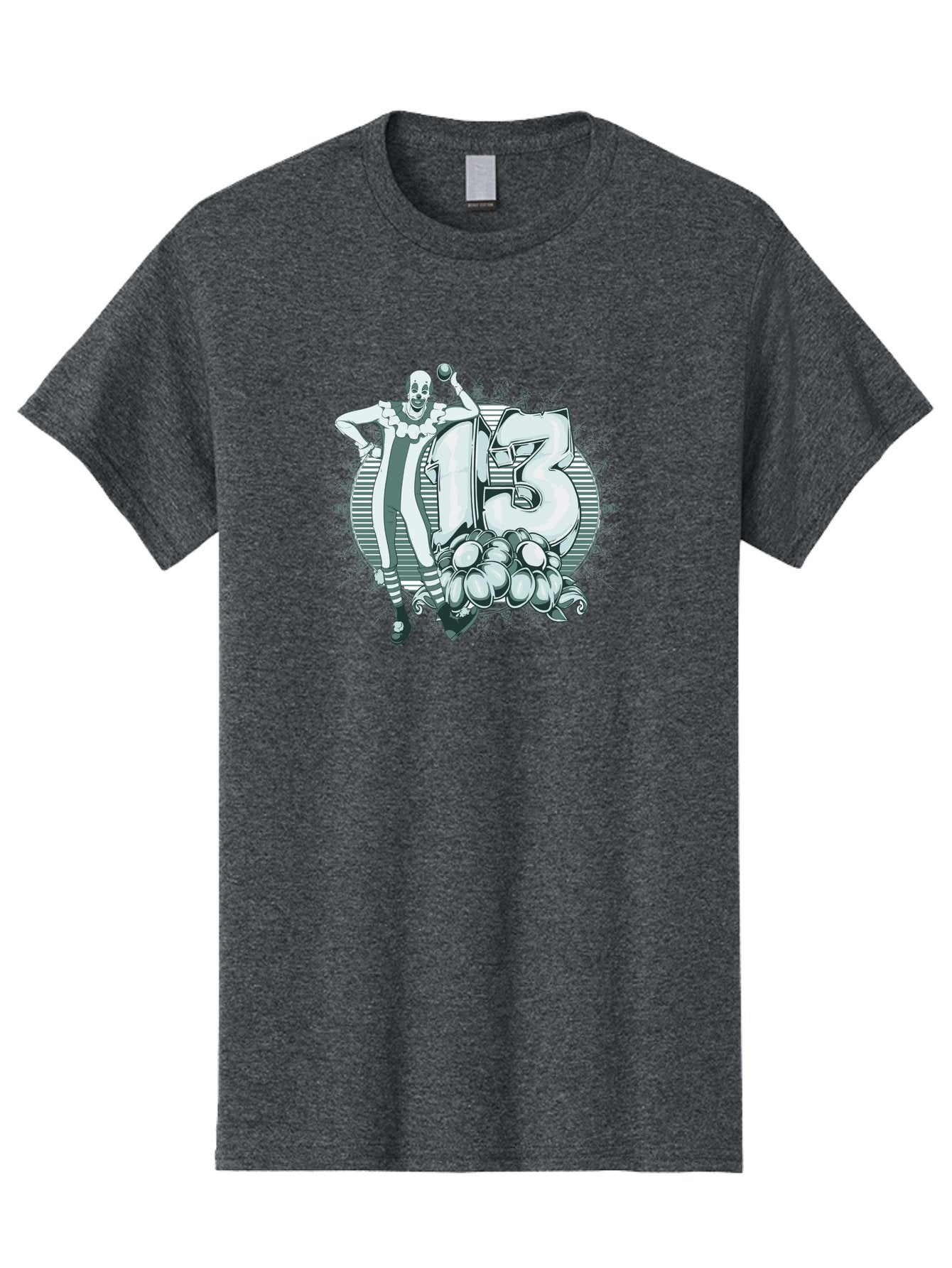 Lucky 13 Clown Men'S Graphic Tee, 100% Cotton, Comfortable Casual Summer Wear, Machine Washable, Clown Illustration, Creepy Clown, Horror Theme, Number 13, Balloon Decoration, Scary Art, Freaky Design, Juggling Balls, Eerie Atmosphere Aae476 12