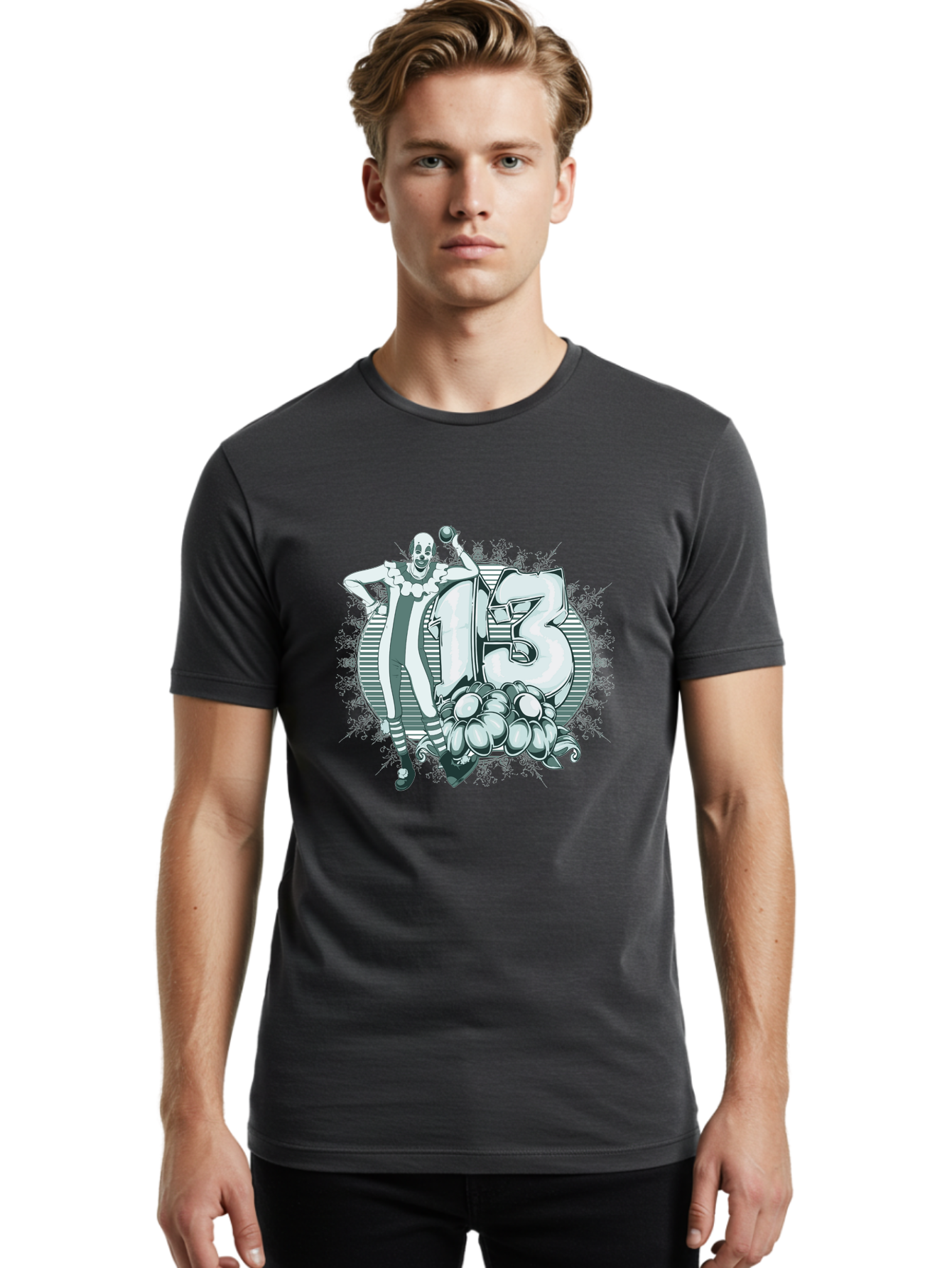 Lucky 13 Clown Men'S Graphic Tee, 100% Cotton, Comfortable Casual Summer Wear, Machine Washable, Clown Illustration, Creepy Clown, Horror Theme, Number 13, Balloon Decoration, Scary Art, Freaky Design, Juggling Balls, Eerie Atmosphere Aae476 16